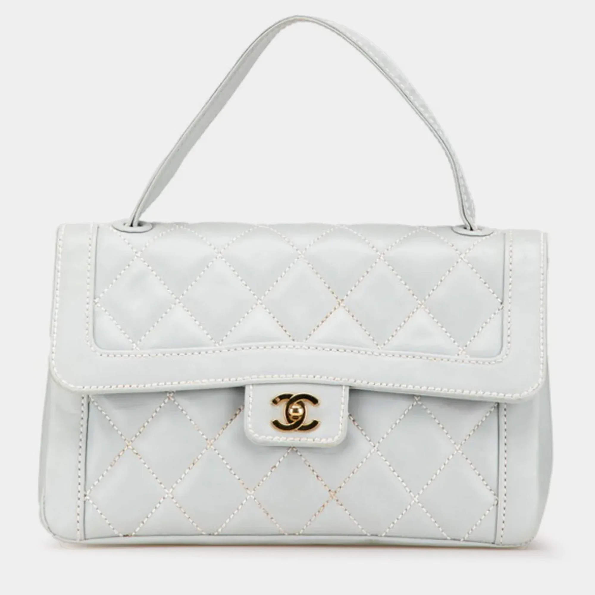 Pre Owned Chanel Matelasse Wild Stitch Coco Mark Handbag Blue Lambskin