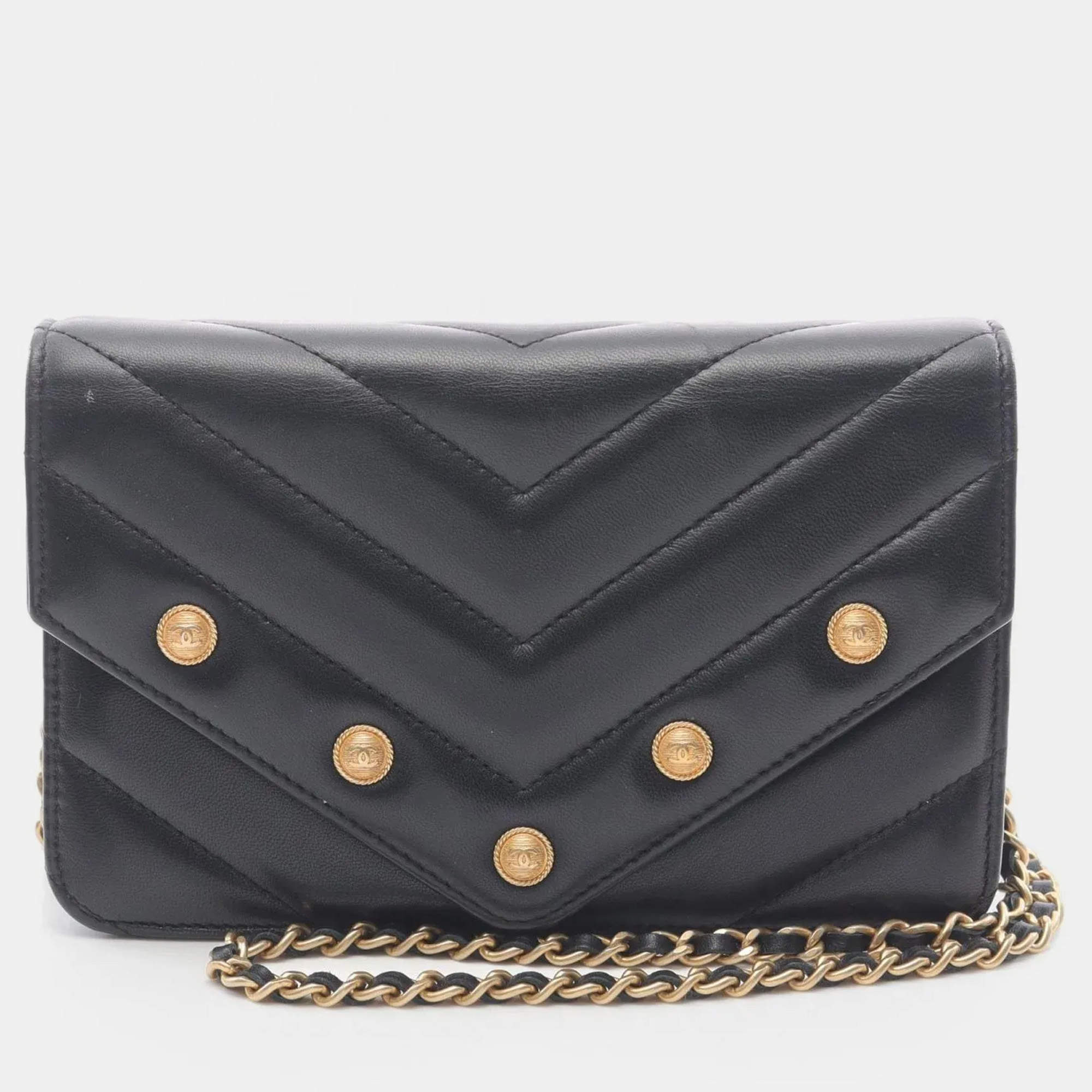 Pre Owned Chanel Chevron V-Stitch Shoulder Bag In Lambskin Leather Black