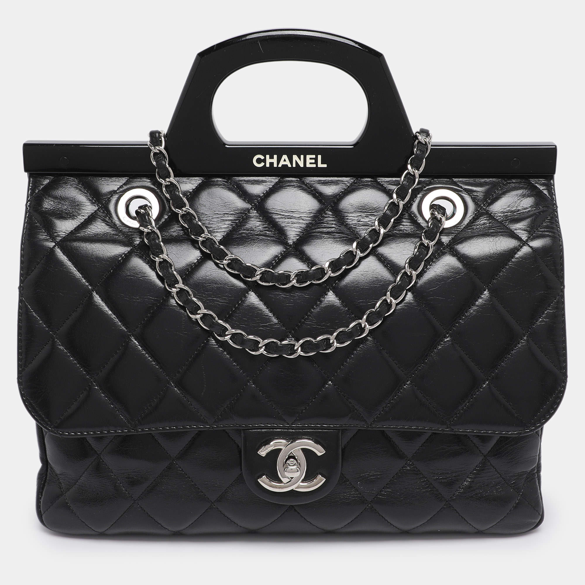 Pre Owned Chanel Black Quilted Glazed Leather Small CC Delivery Bag
