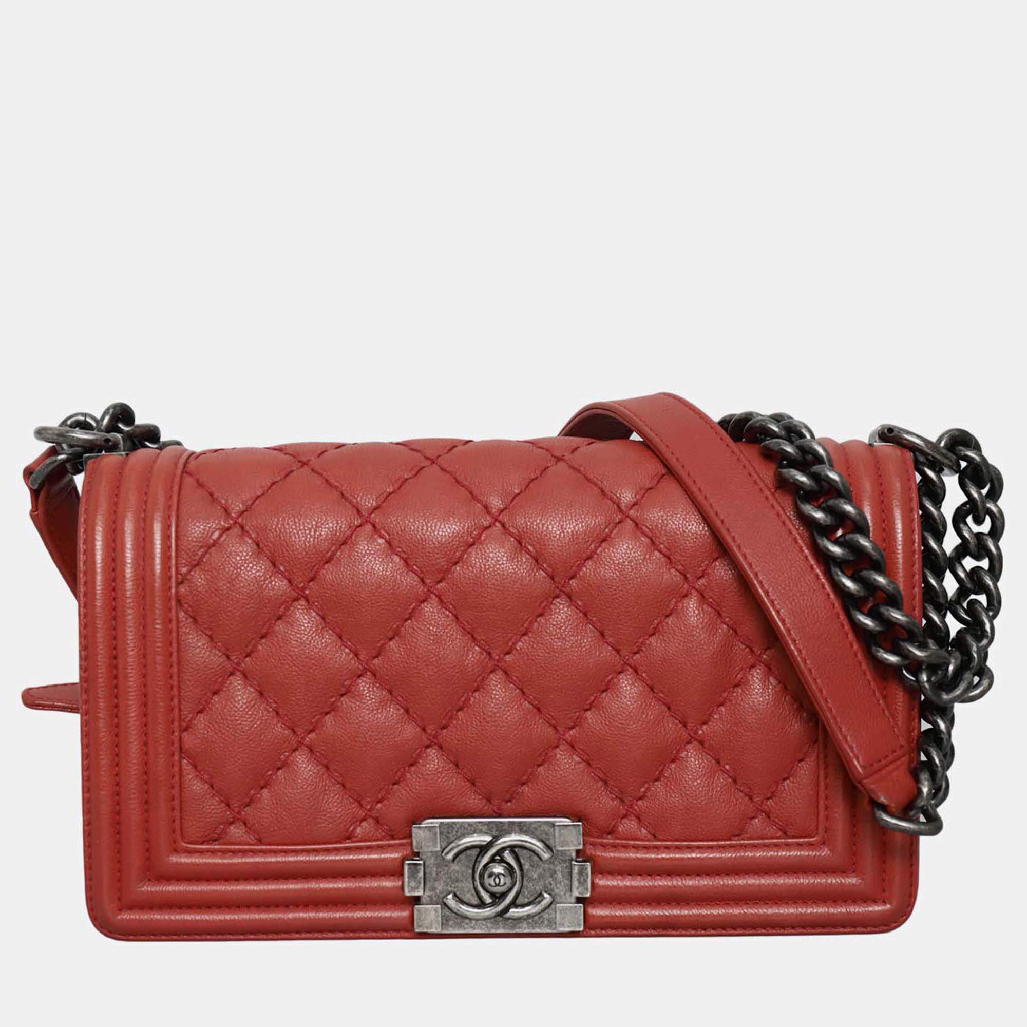 Pre Owned Chanel Boy Old Medium Wild Stitch Red Calfskin Leather Shoulder Bag