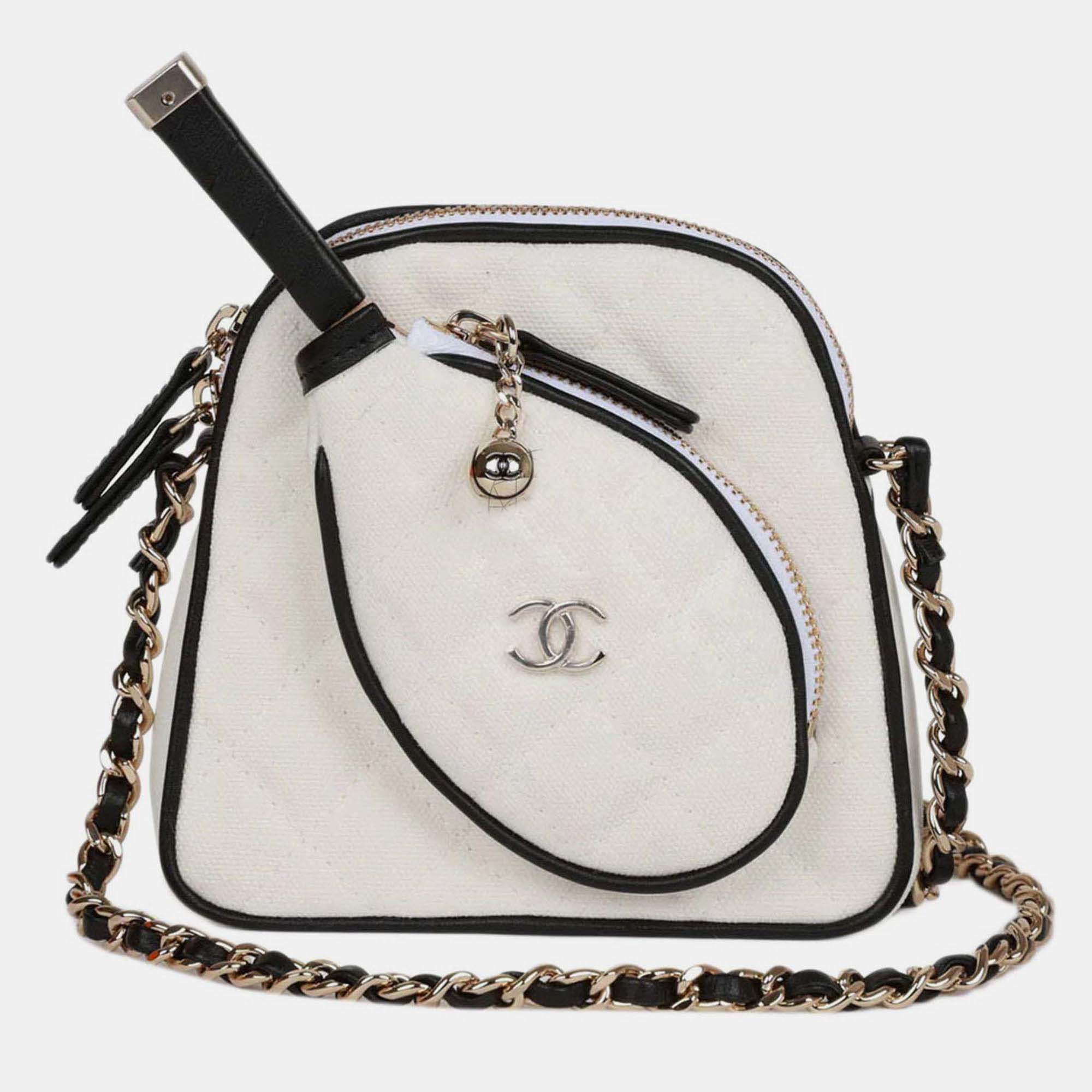 Pre Owned Chanel 23C Coco Master Racket White Canvas Leather Mini Bag
