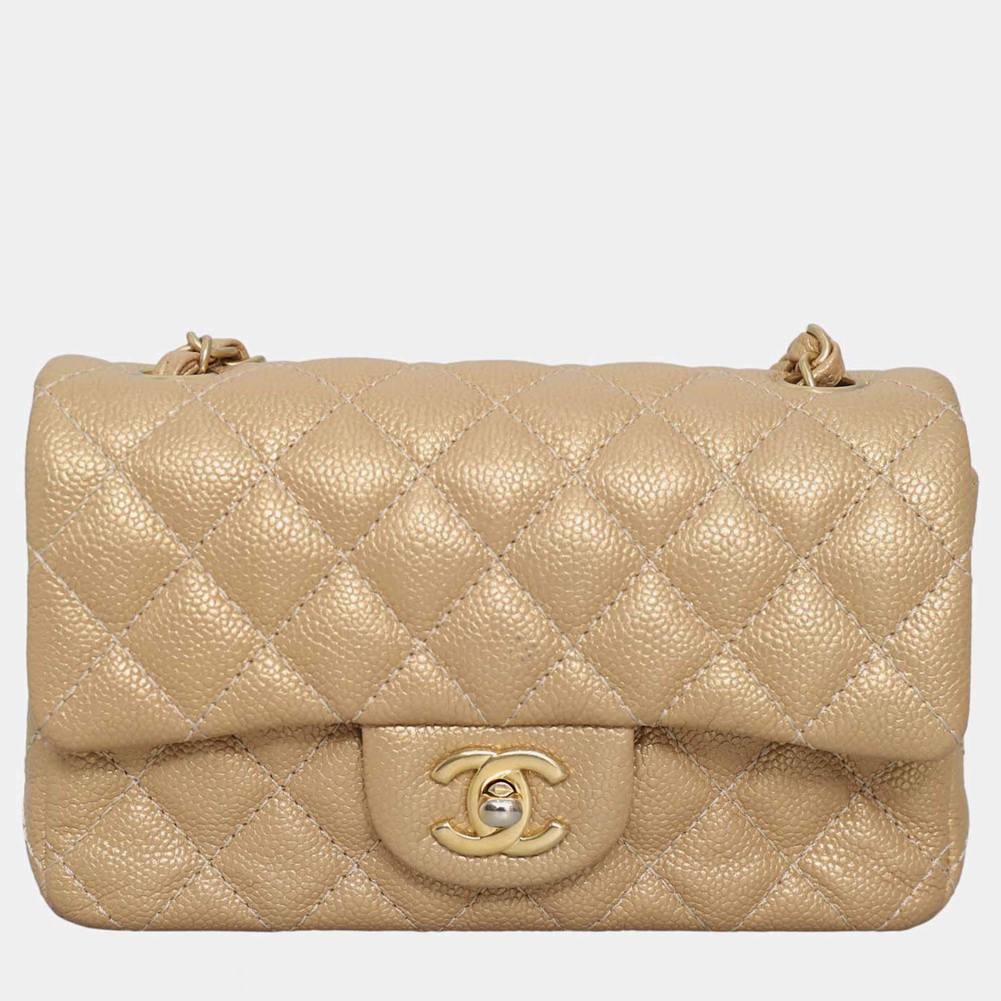 Pre Owned Chanel Rectangle Flap Mini Iridescent Gold Caviar Classic Bag