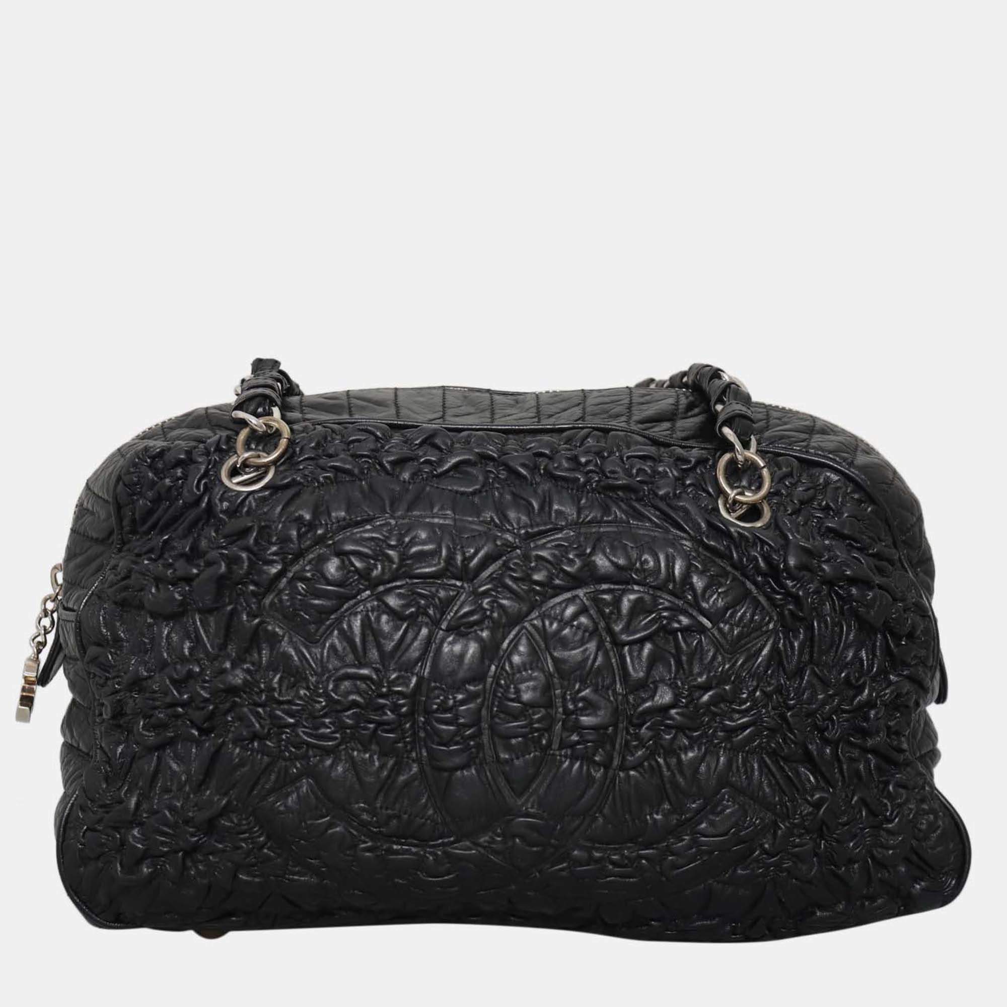 Pre Owned Chanel Astrakhan Black Leather Bowler Bag