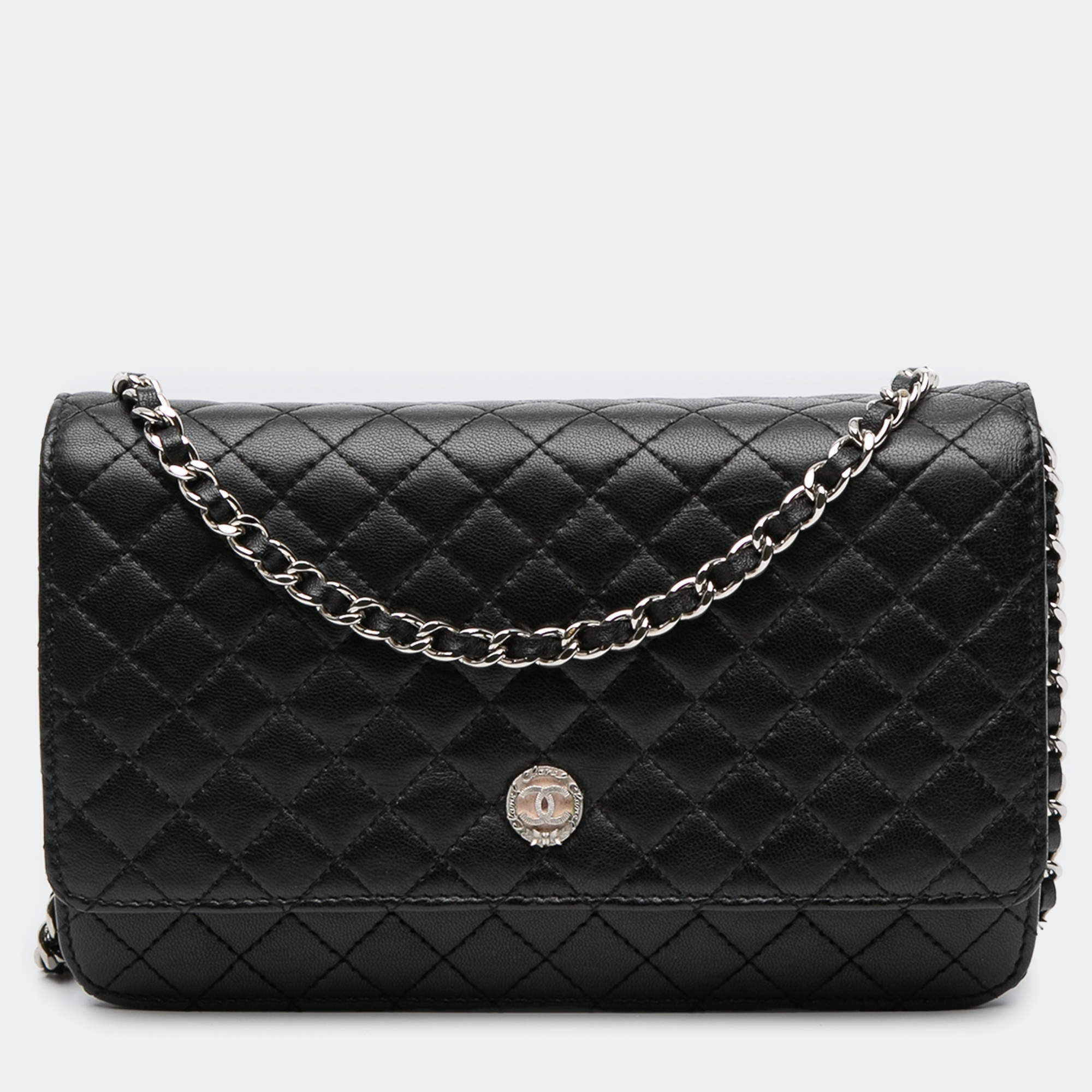 Pre Owned Chanel Black Microquilted Lambskin Wallet On Chain