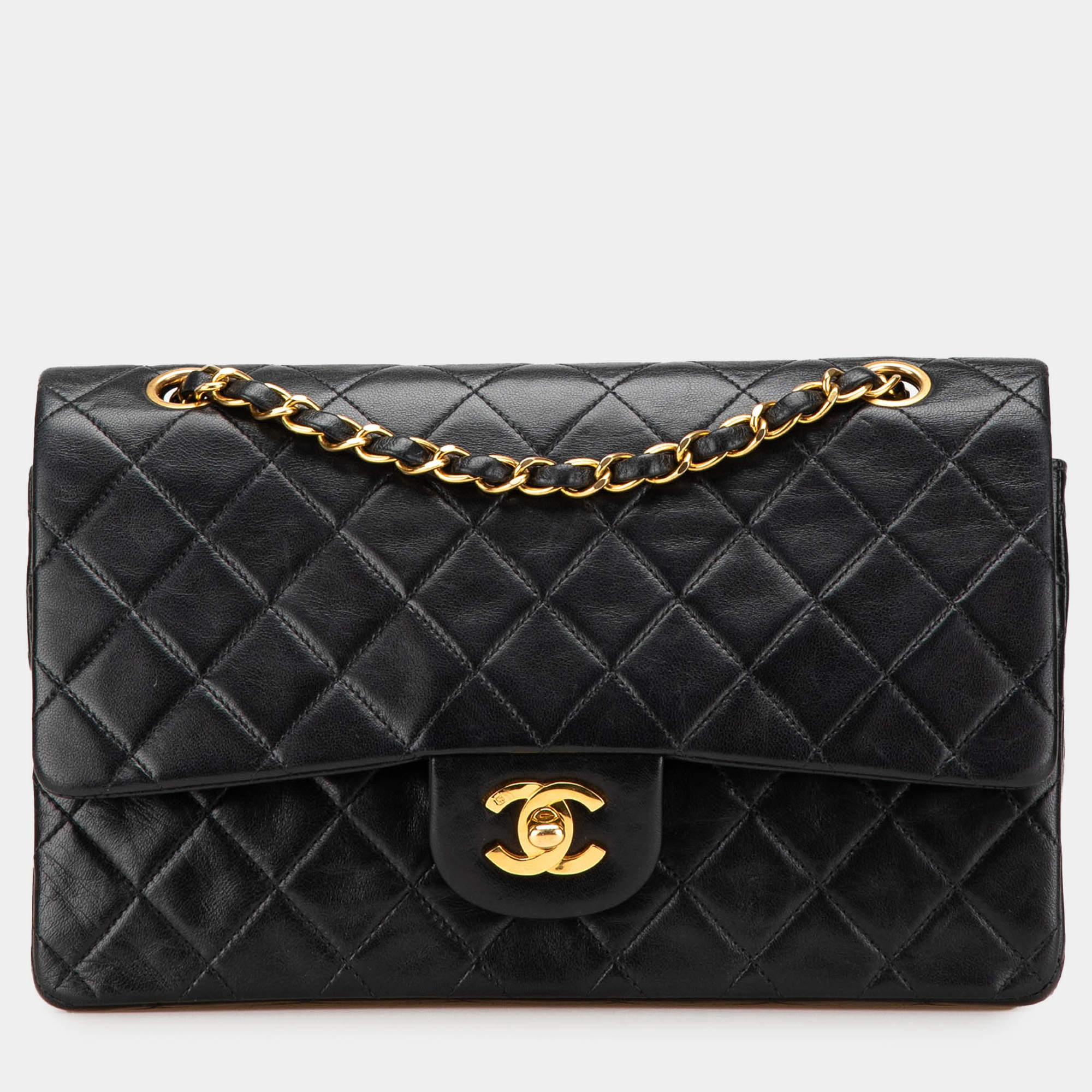 Pre Owned Chanel Black Medium Classic Lambskin Double Flap