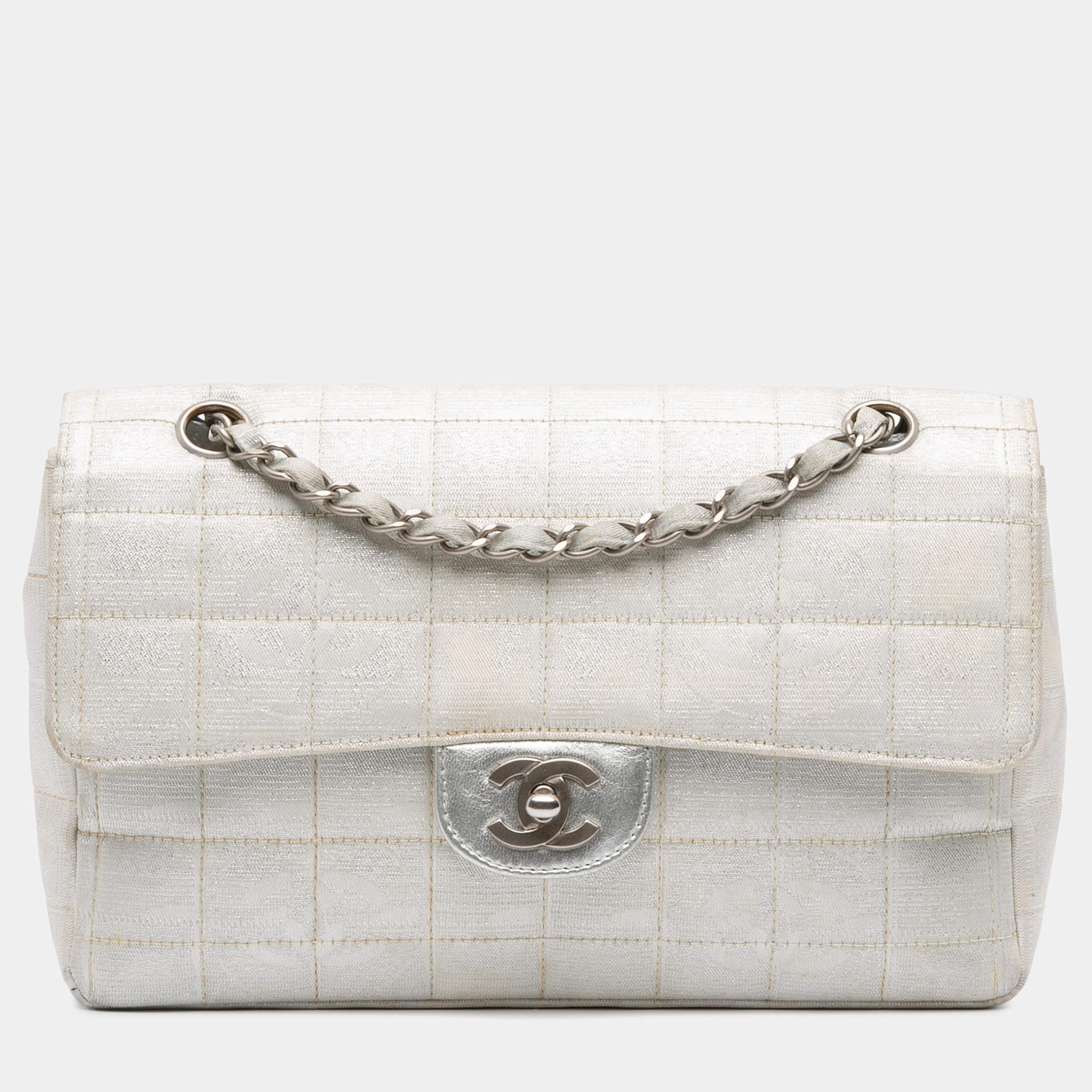 Pre Owned Chanel Silver New Travel Line Medium Metallic Nylon Single Flap