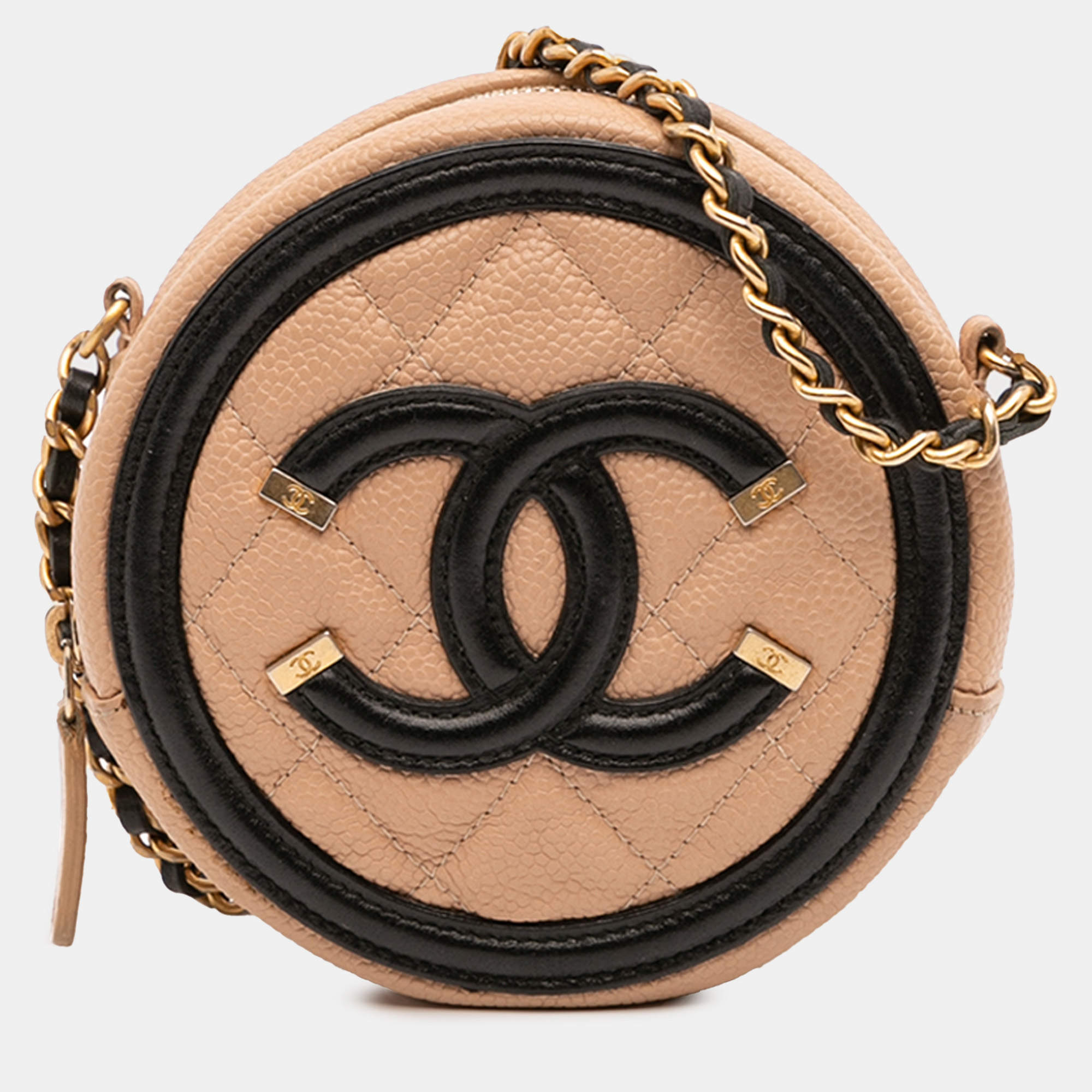 Pre Owned Chanel Beige Black Caviar CC Filigree Round Crossbody Bag