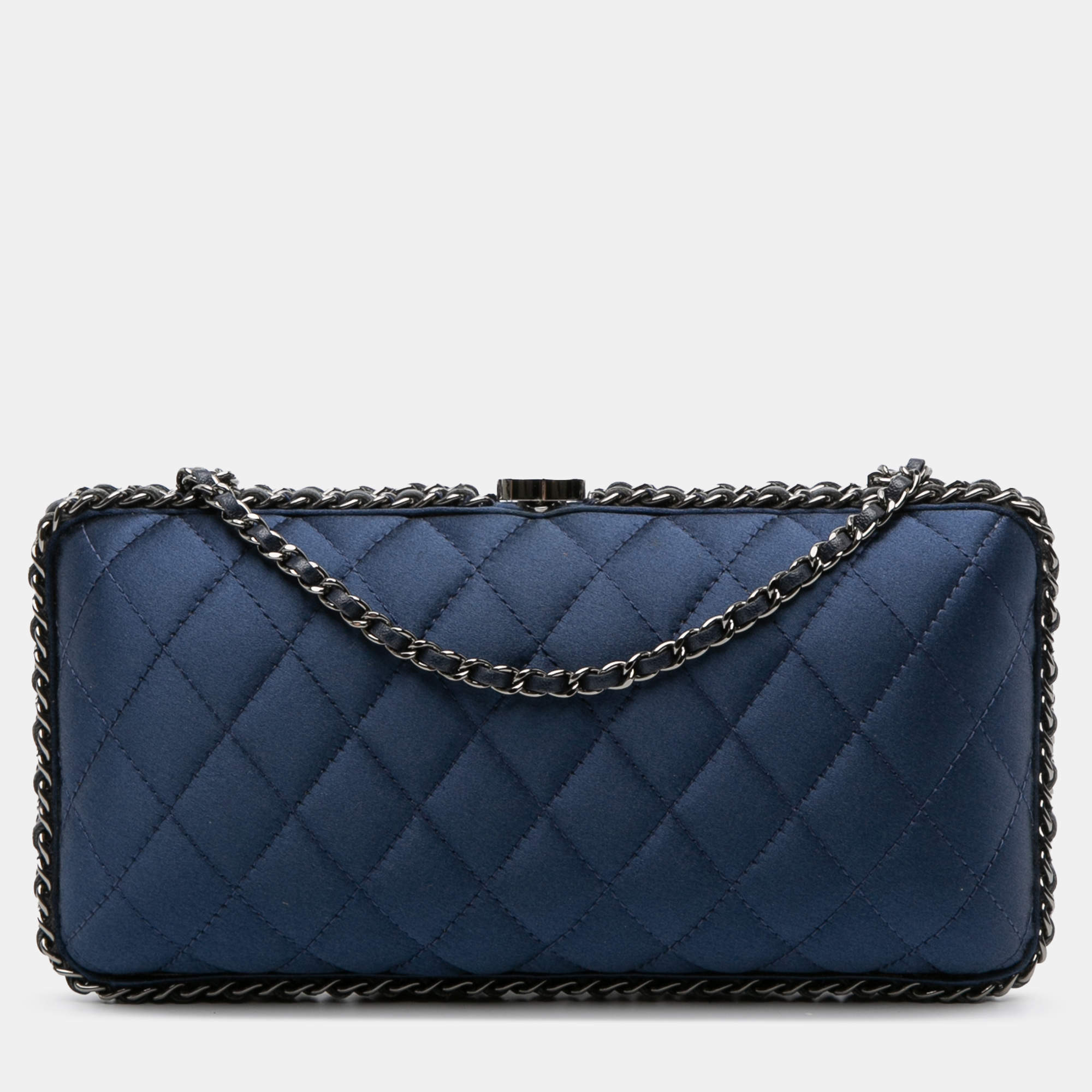 Pre Owned Chanel Blue Quilted Satin Chain Around Clutch