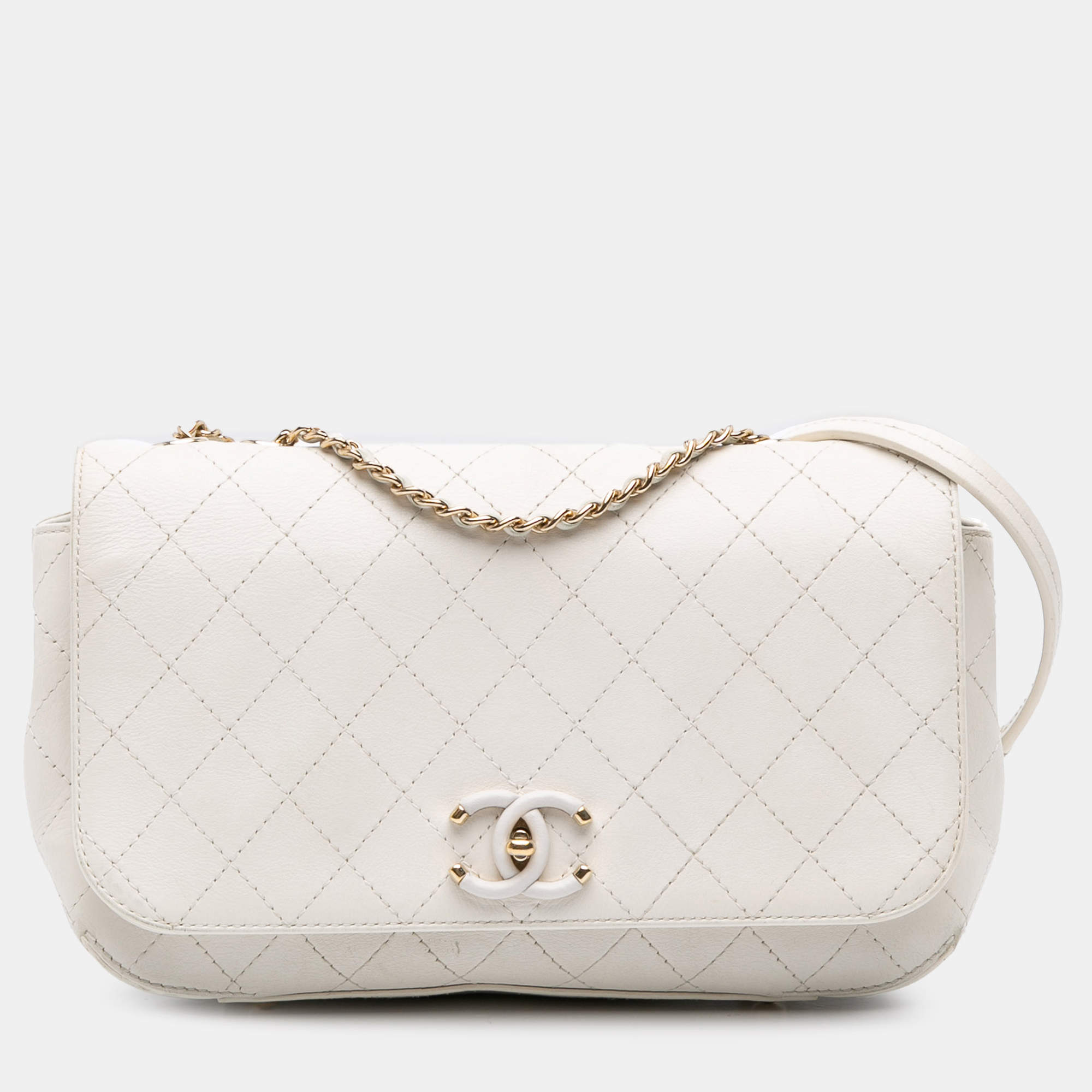 Pre Owned Chanel White Medium Stitched Calfskin Covered CC Flap