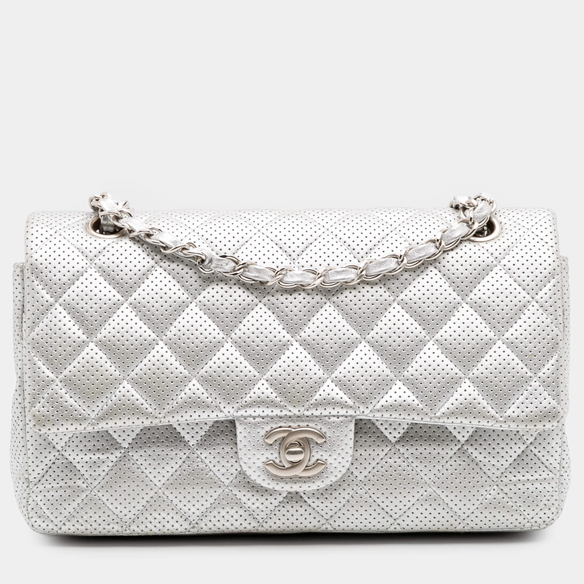 Pre Owned Chanel Silver Medium Classic Perforated Lambskin Double Flap