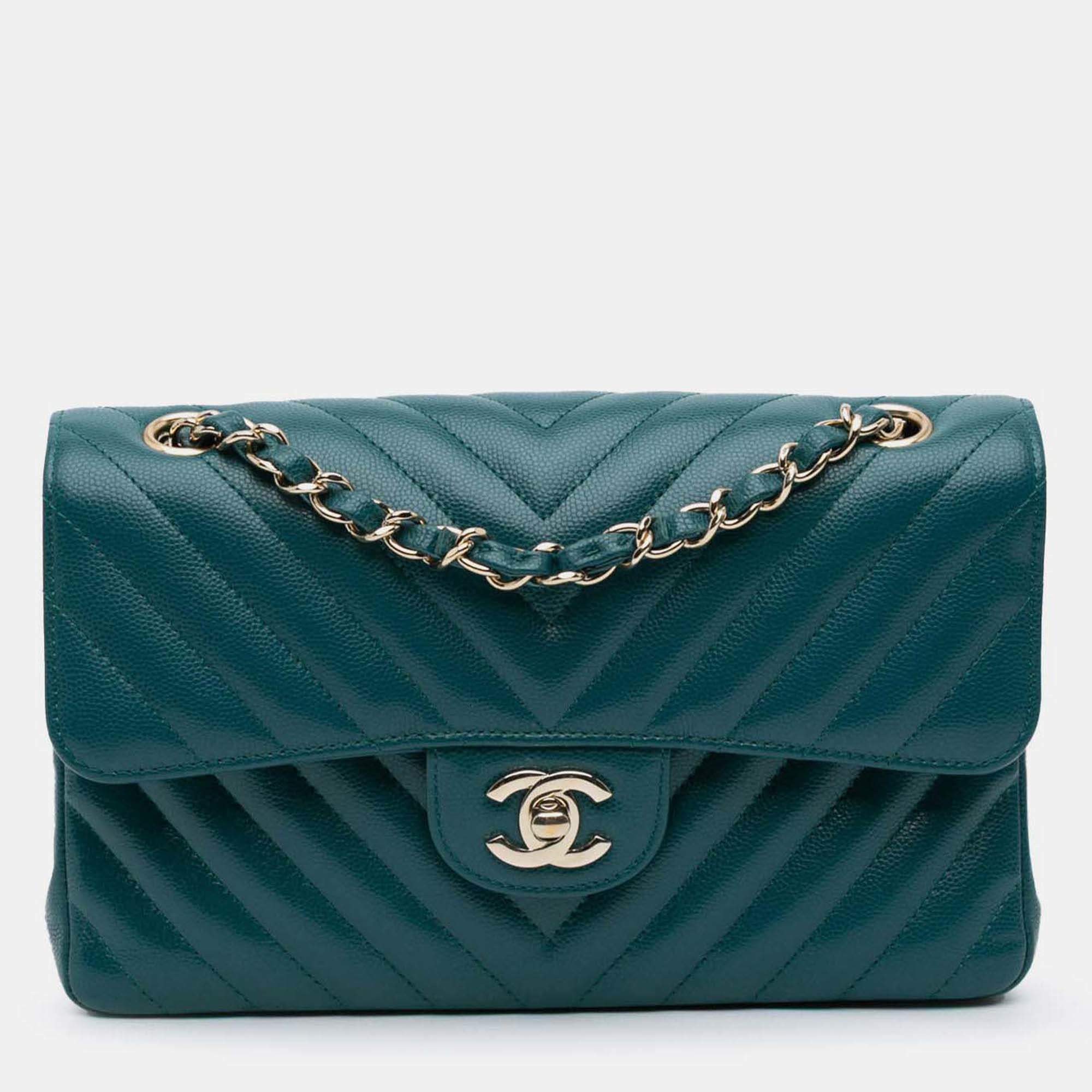 Pre Owned Chanel Classic Small Blue Tone Chevron Caviar Leather Double Flap Bag