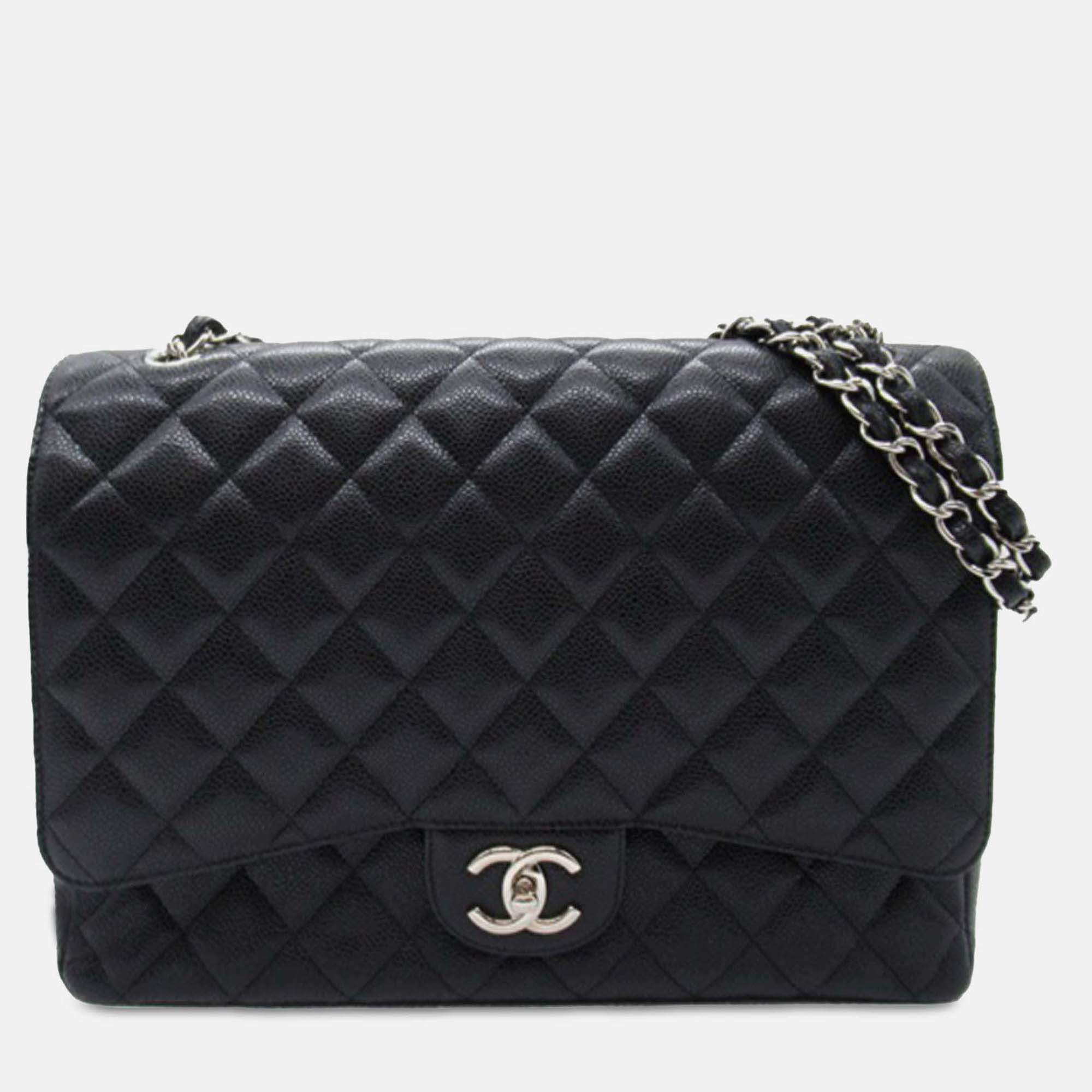Pre Owned Chanel Classic Maxi Black Caviar Leather Double Flap Bag