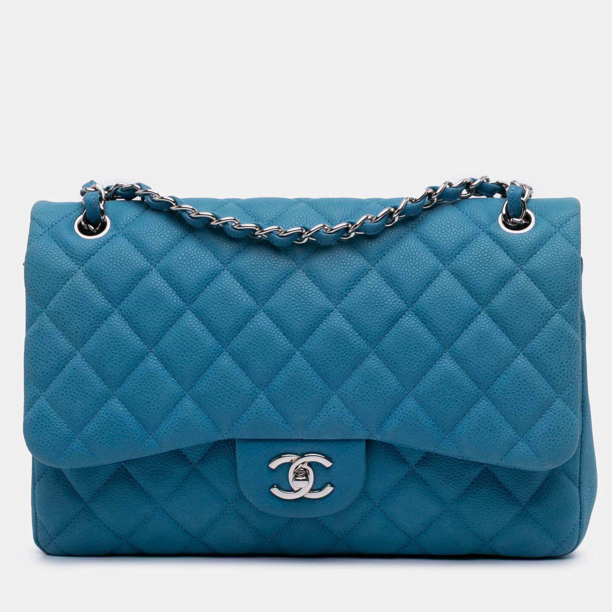 Pre Owned Chanel Classic Double Flap Jumbo Blue Caviar Shoulder Bag