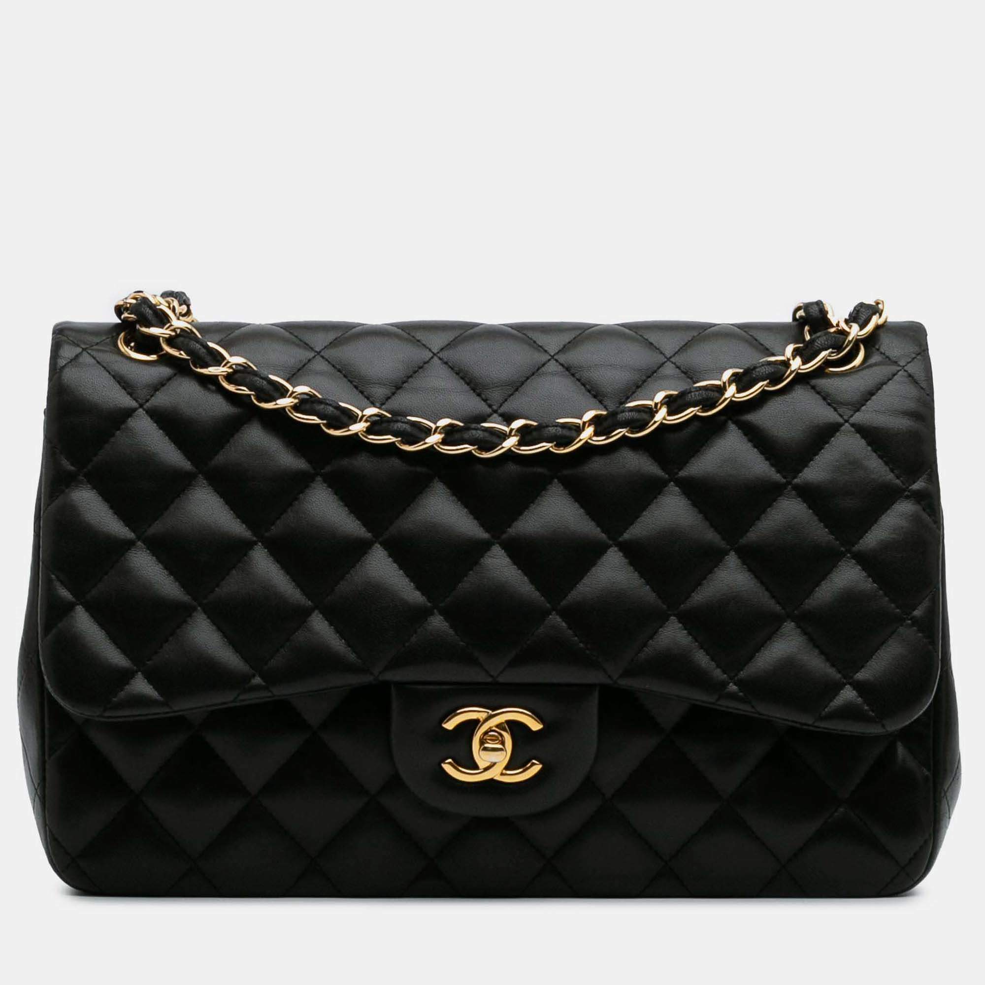 Pre Owned Chanel Classic Double Flap Jumbo Black Lambskin Shoulder Bag
