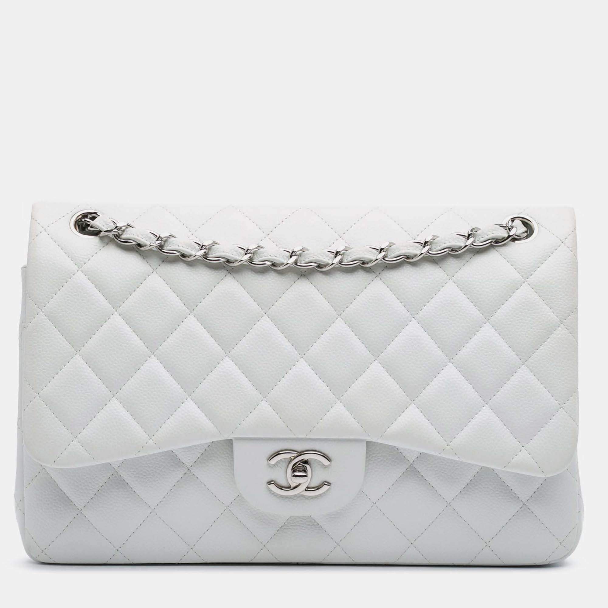 Pre Owned Chanel Classic Double Flap Jumbo White Caviar Shoulder Bag