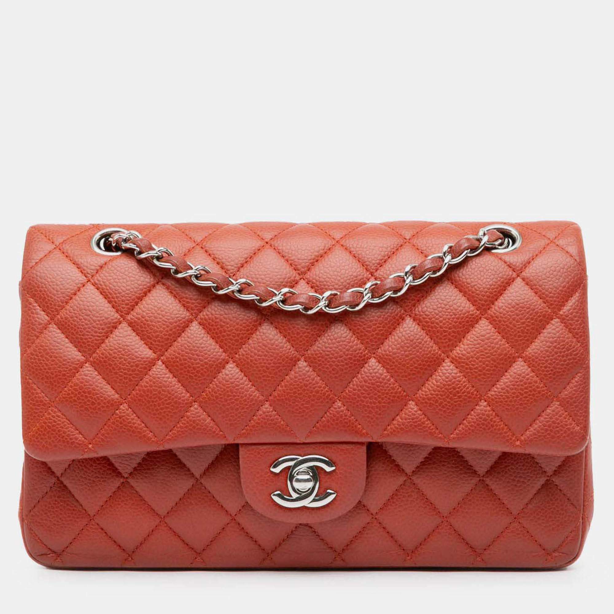 Pre Owned Chanel Classic Double Flap Medium Orange Caviar Shoulder Bag