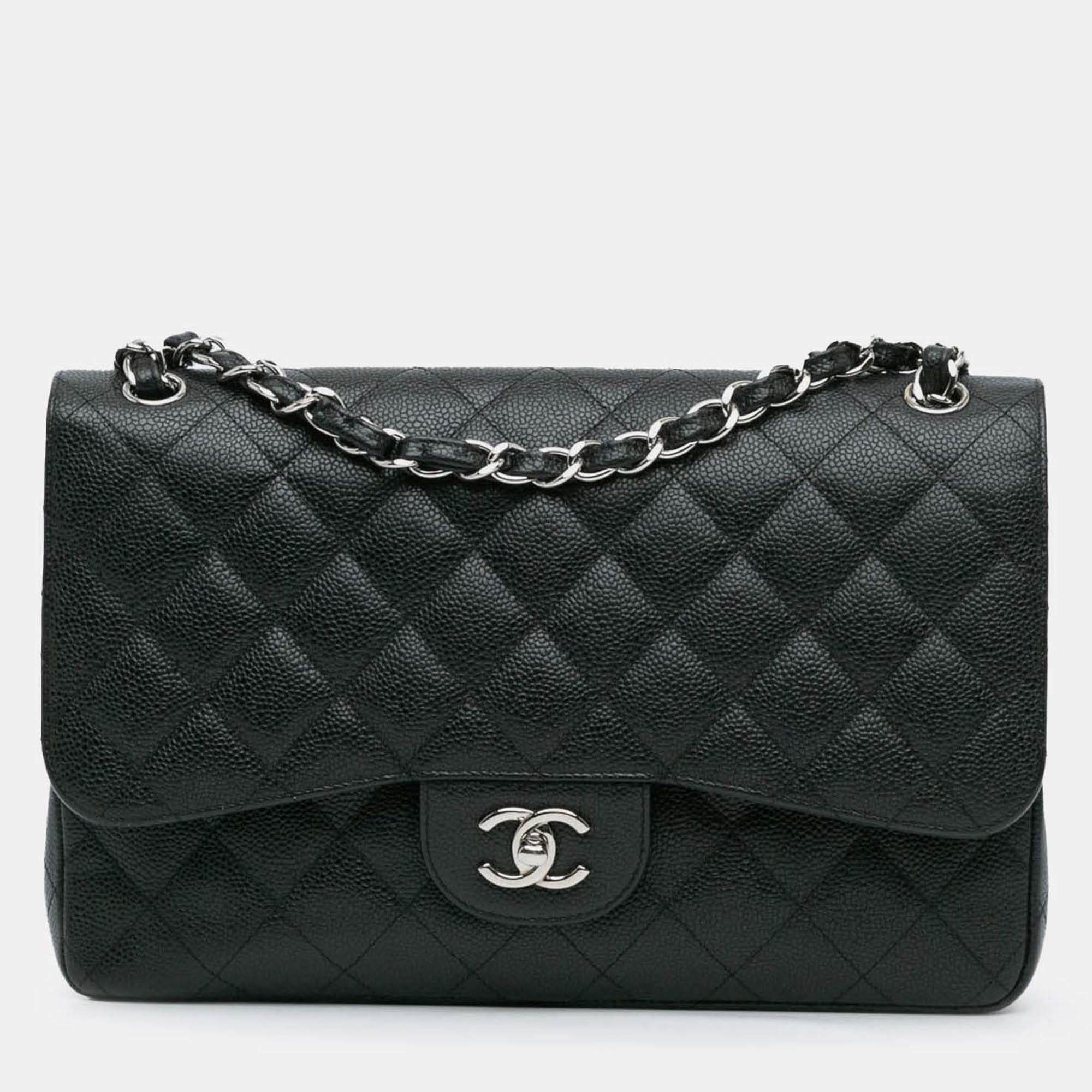 Pre Owned Chanel Classic Double Flap Jumbo Black Caviar Shoulder Bag
