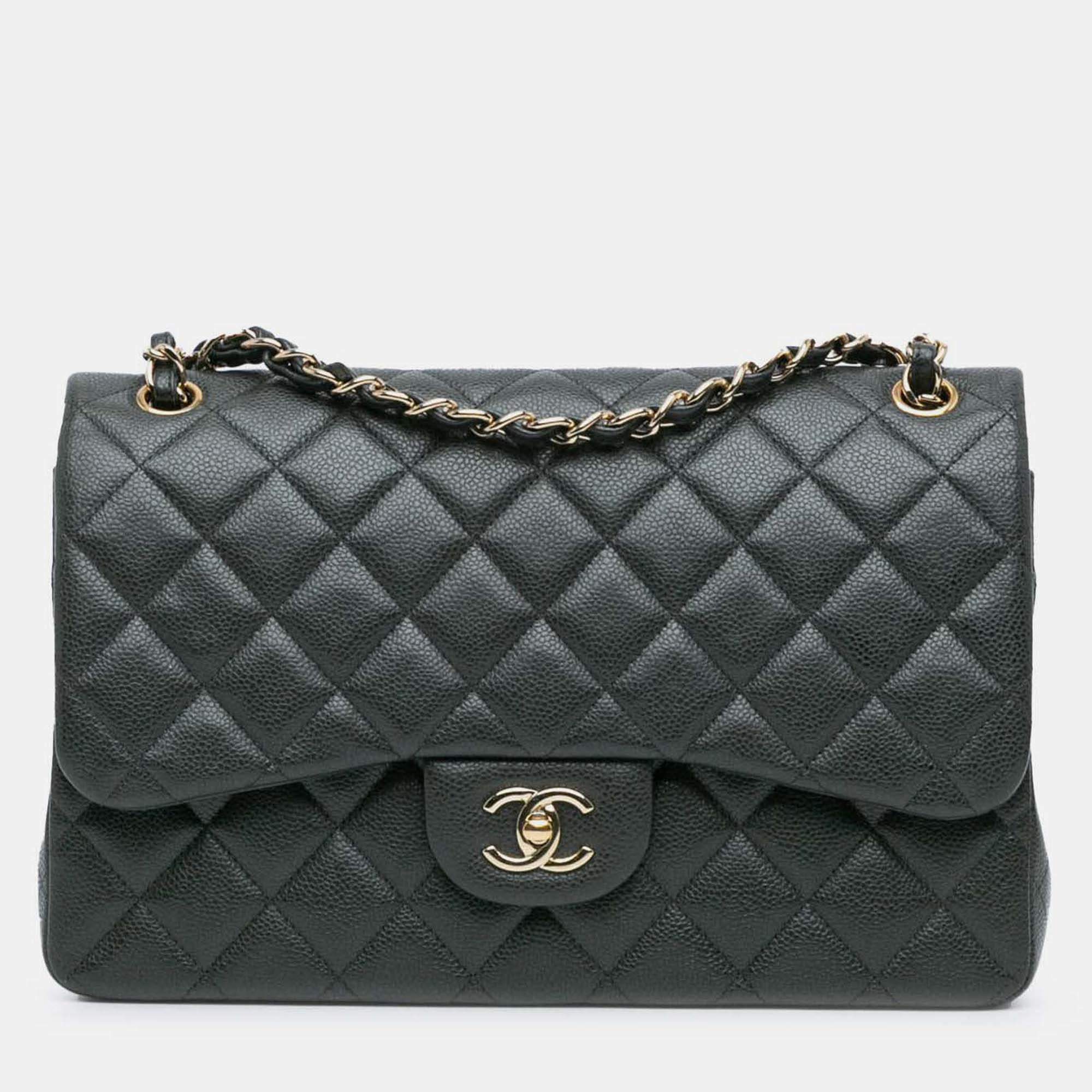 Pre Owned Chanel Classic Double Flap Jumbo Gray Caviar Shoulder Bag