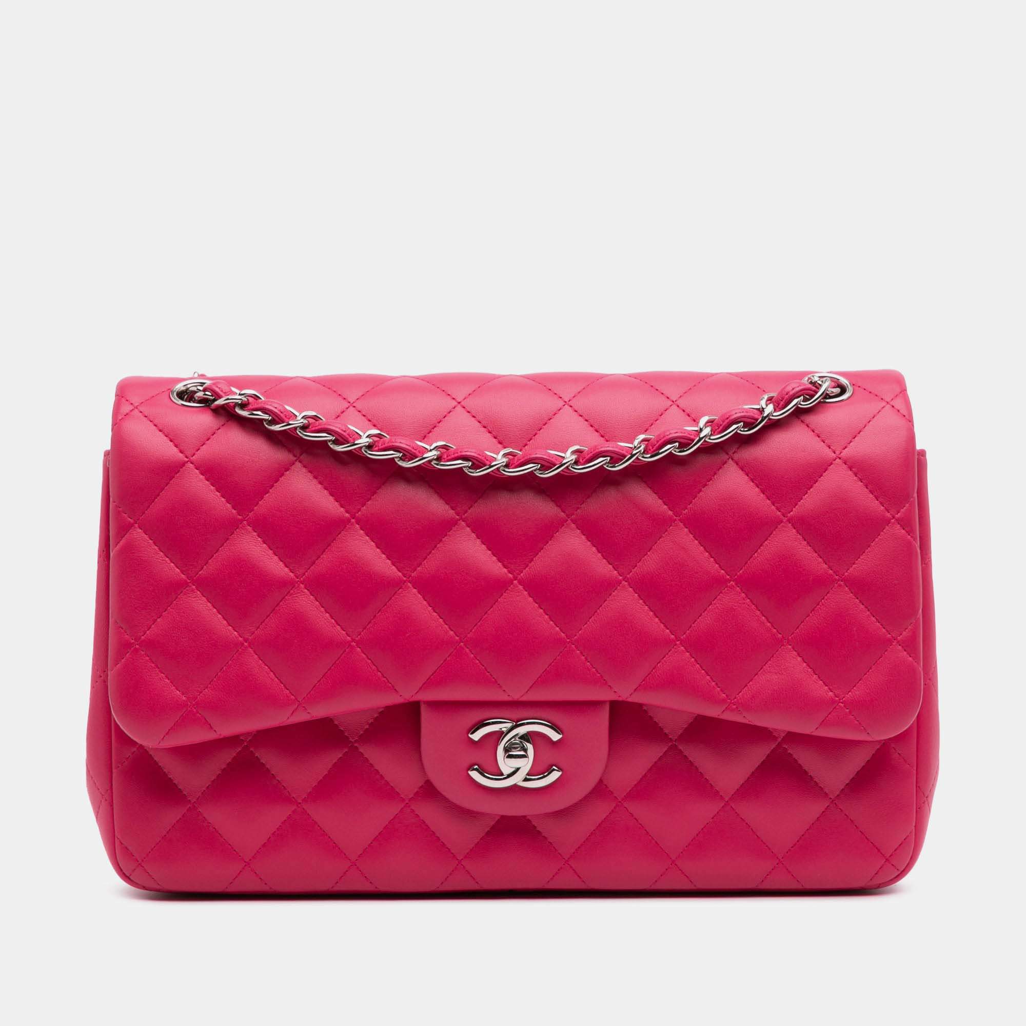 Pre Owned Chanel Classic Double Flap Jumbo Pink Lambskin Shoulder Bag