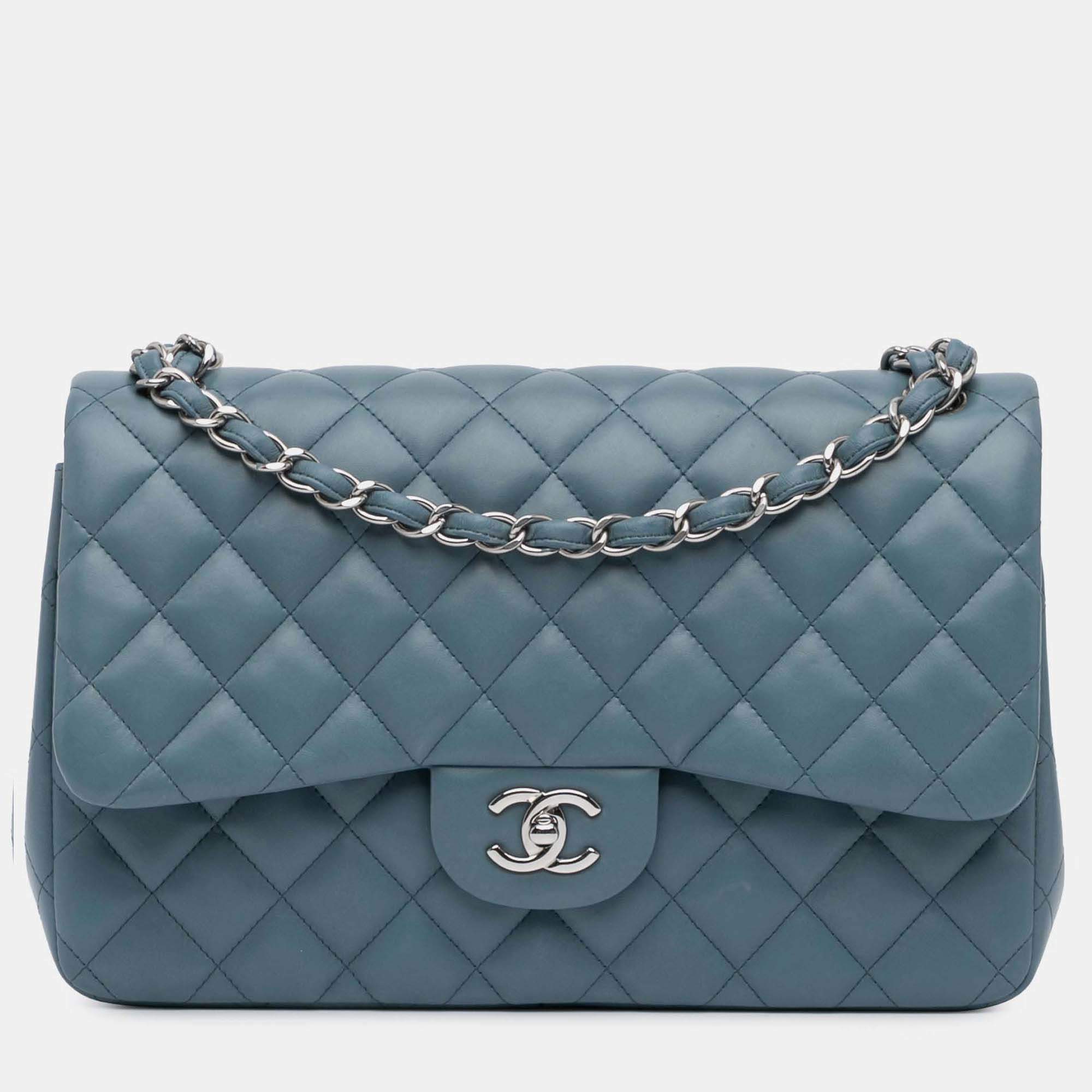 Pre Owned Chanel Classic Double Flap Jumbo Blue Lambskin Shoulder Bag