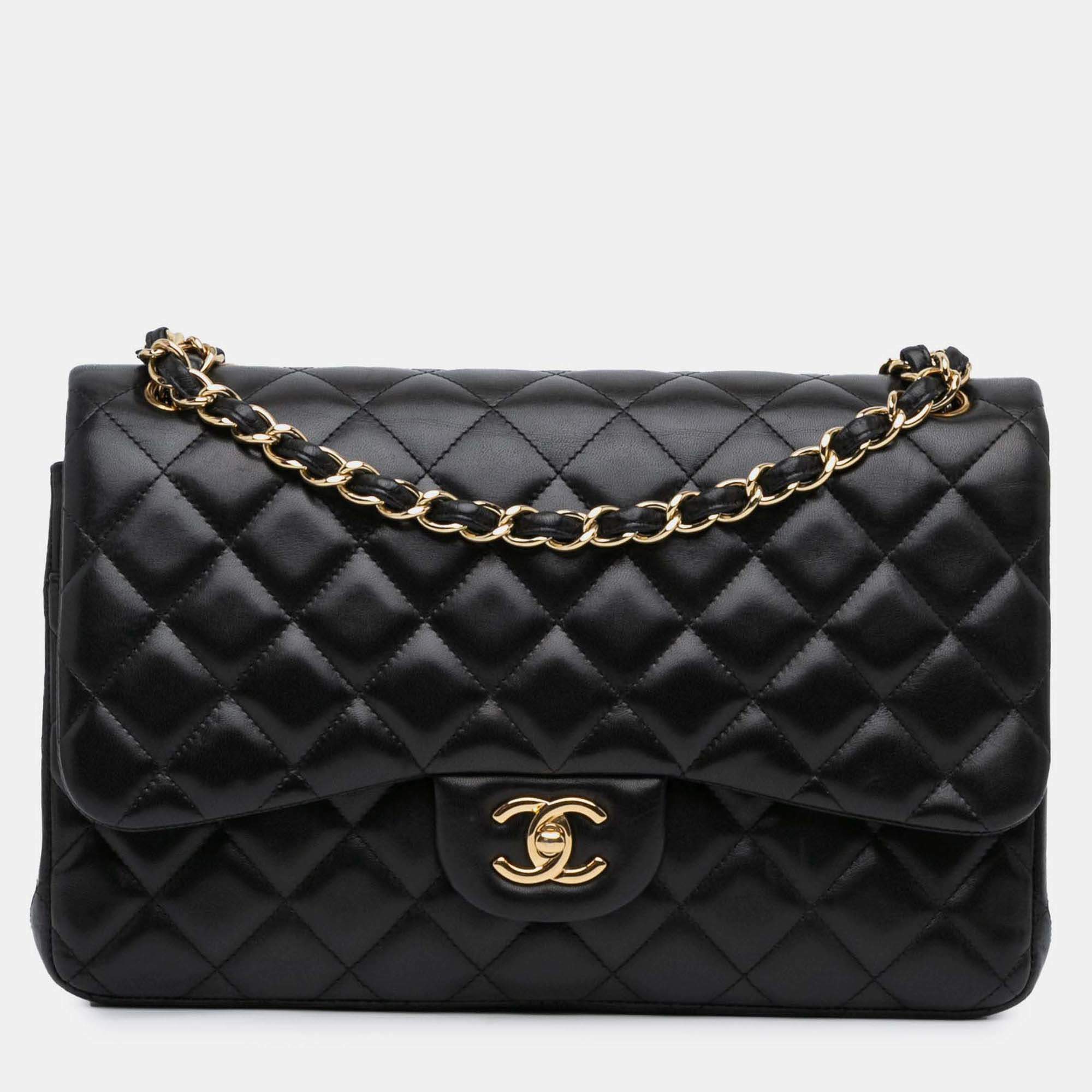 Pre Owned Chanel Classic Double Flap Jumbo Black Lambskin Shoulder Bag