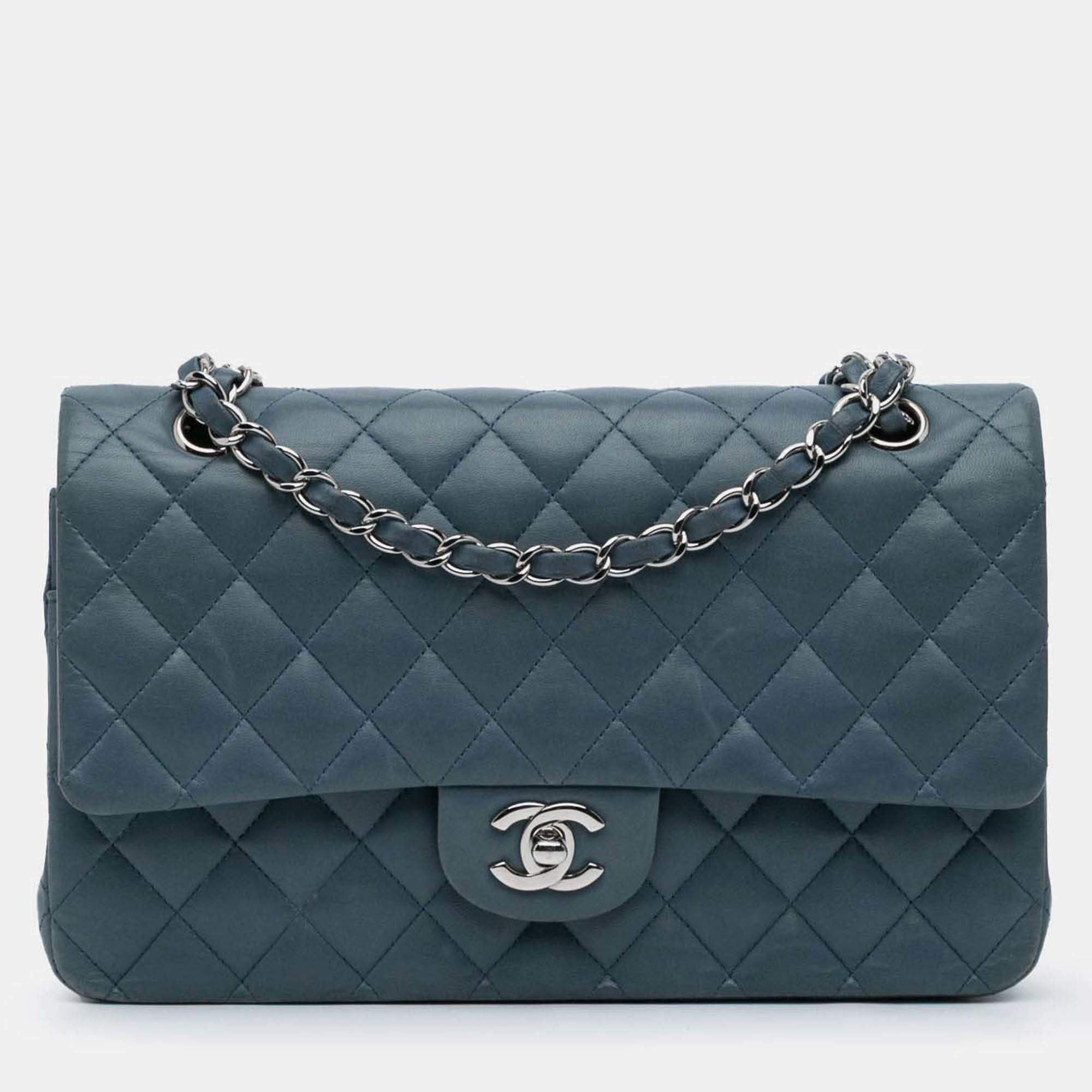 Pre Owned Chanel Classic Double Flap Medium Blue Lambskin Shoulder Bag
