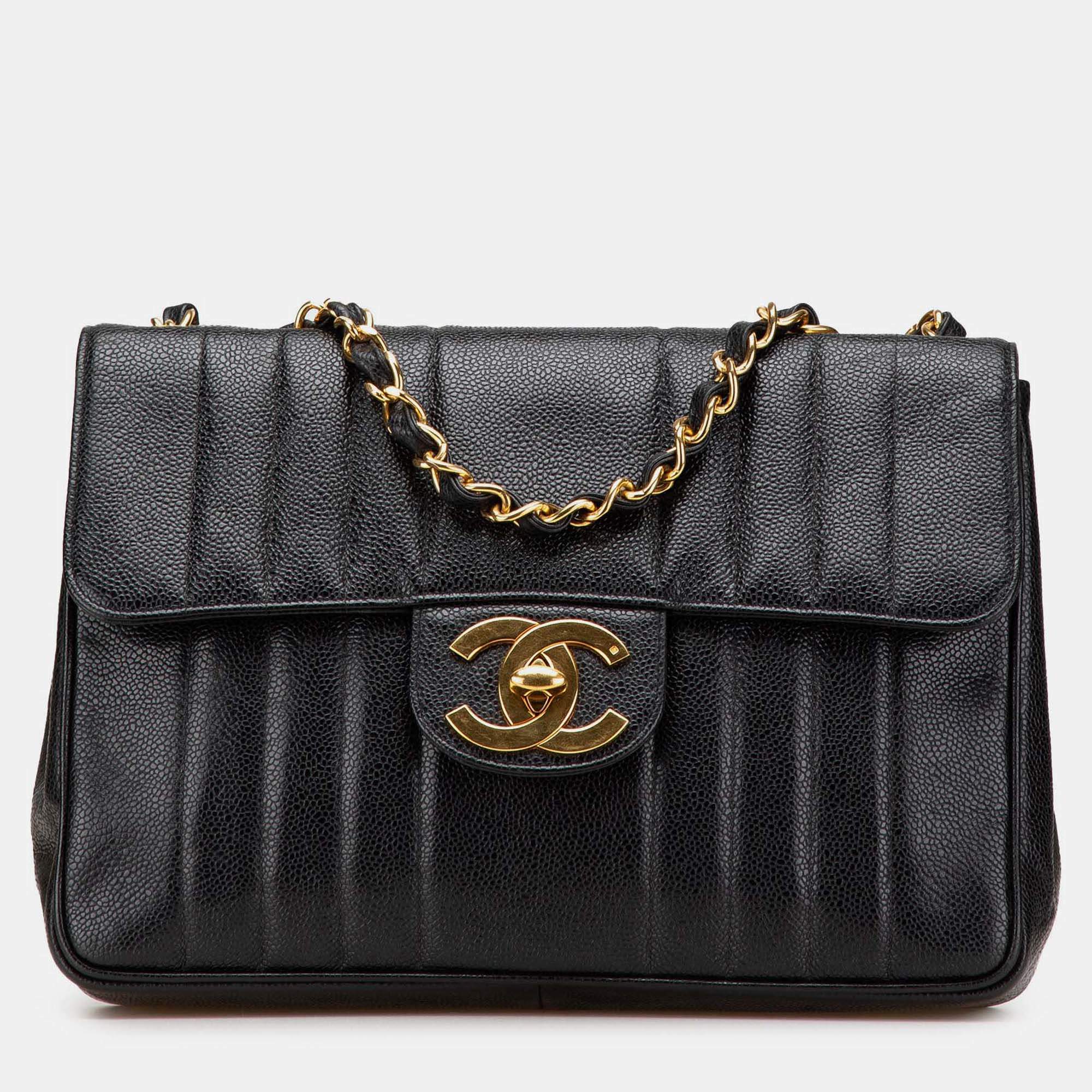 Pre Owned Chanel Mademoiselle Flap Jumbo XL Black Caviar Shoulder Bag