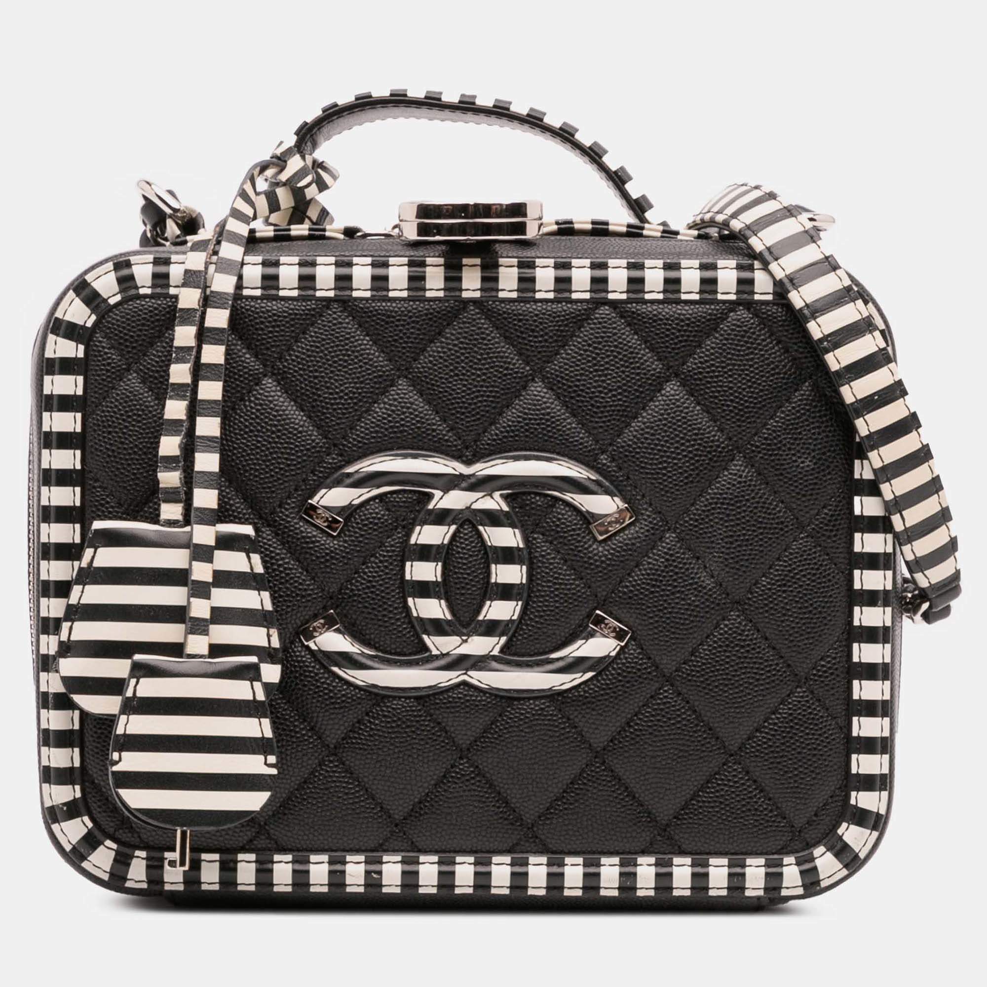 Pre Owned Chanel Black White Small Caviar Striped CC Filigree Vanity Case