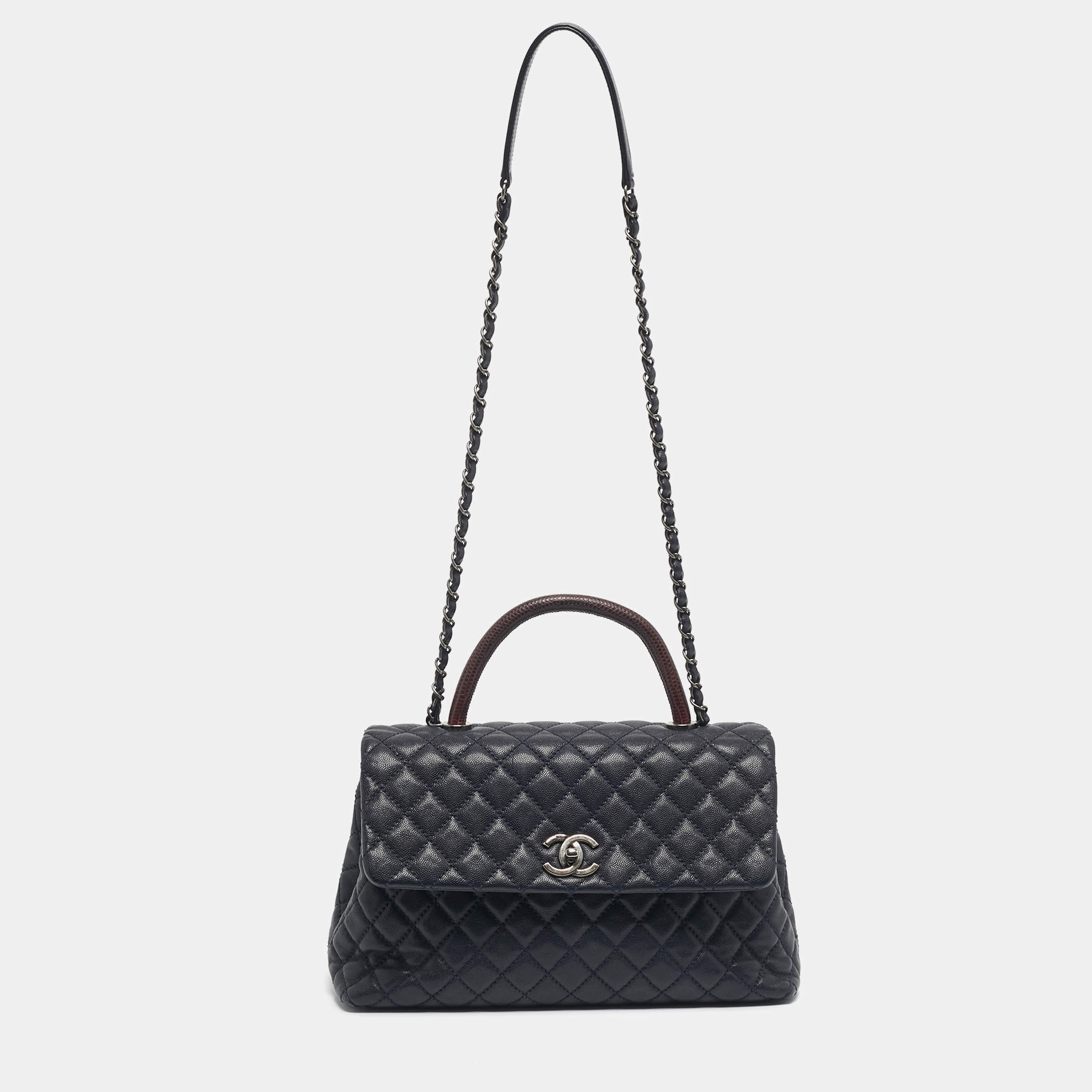 Pre Owned Chanel Navy Blue Caviar Leather and Lizard Medium Coco Top Handle Bag