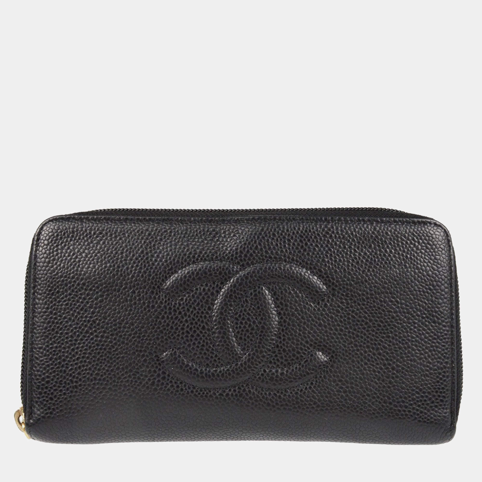 Pre Owned Chanel Zip Around Black Calfskin Long Wallet