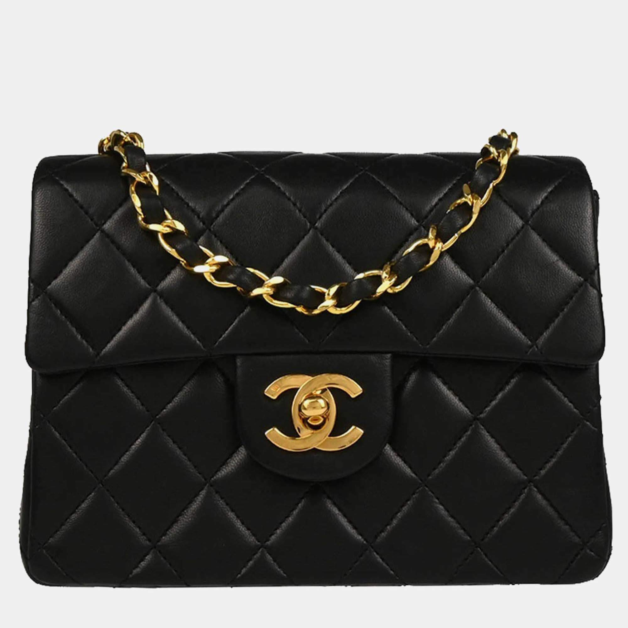 Pre Owned Chanel Classic Square Flap Mini Black Lambskin Shoulder Bag