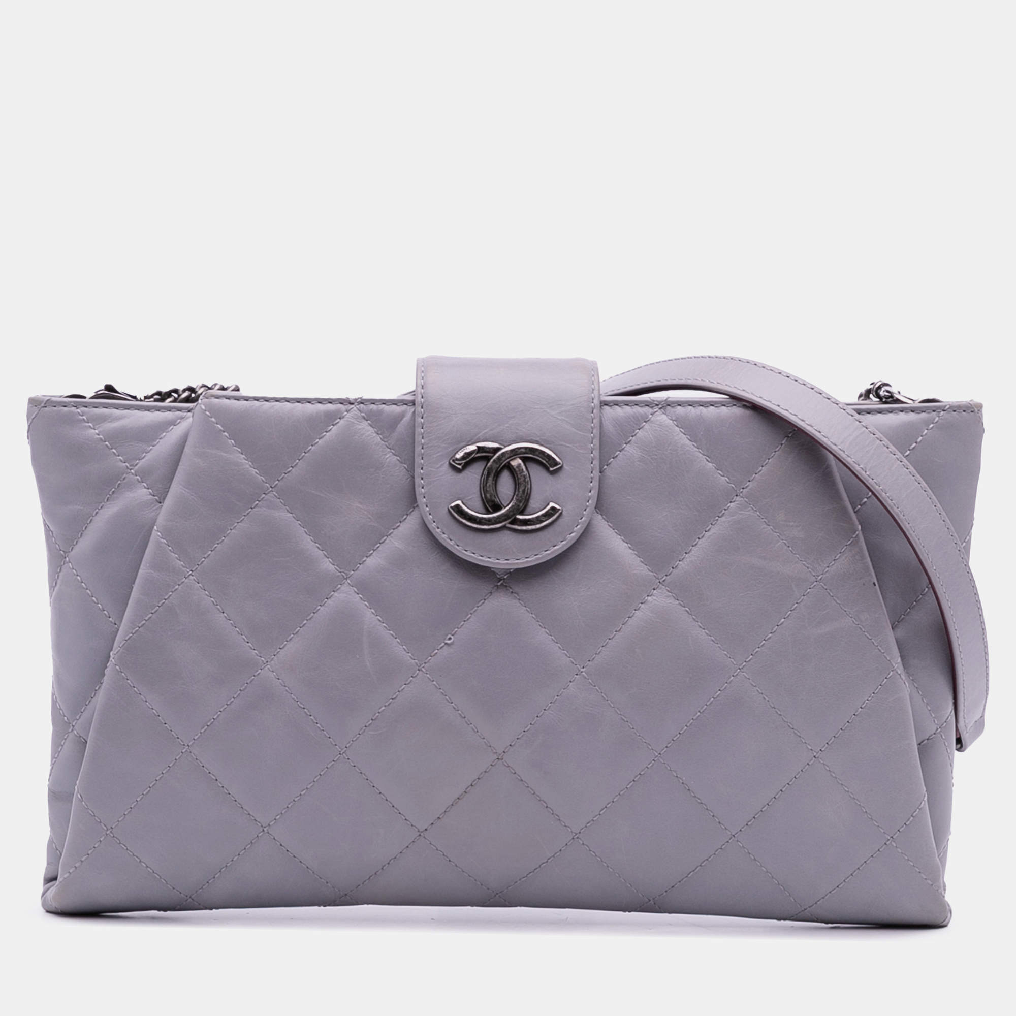 Pre Owned Chanel Purple Quilted Glazed Calfskin Coco Pleats Chain Clutch
