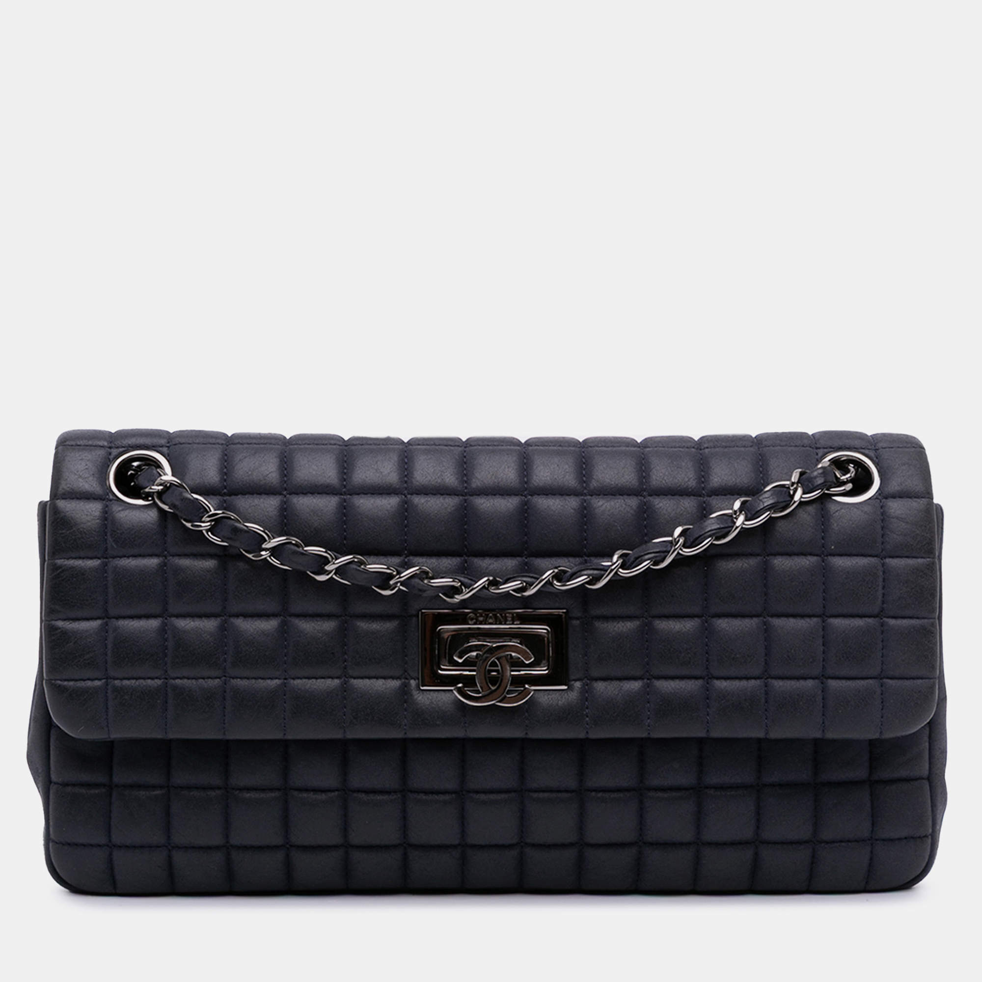 Pre Owned Chanel Navy Blue Chocolate Bar Iridescent Calfskin Bubble Flap
