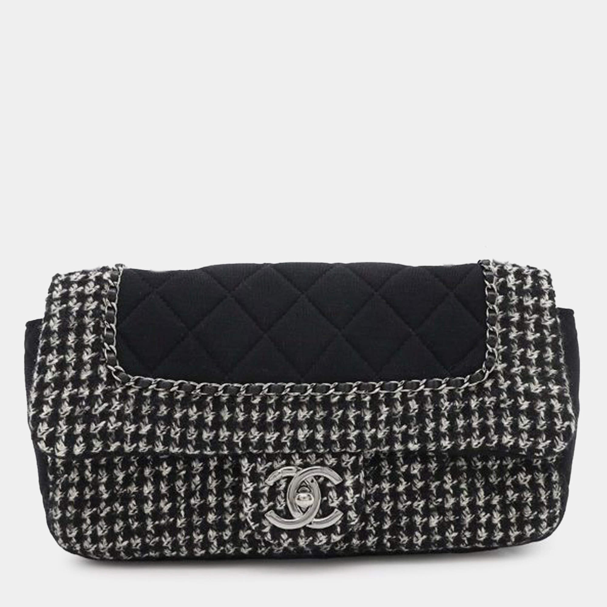 Pre Owned Chanel Black White Medium Quilted Jersey and Tweed Chain Flap