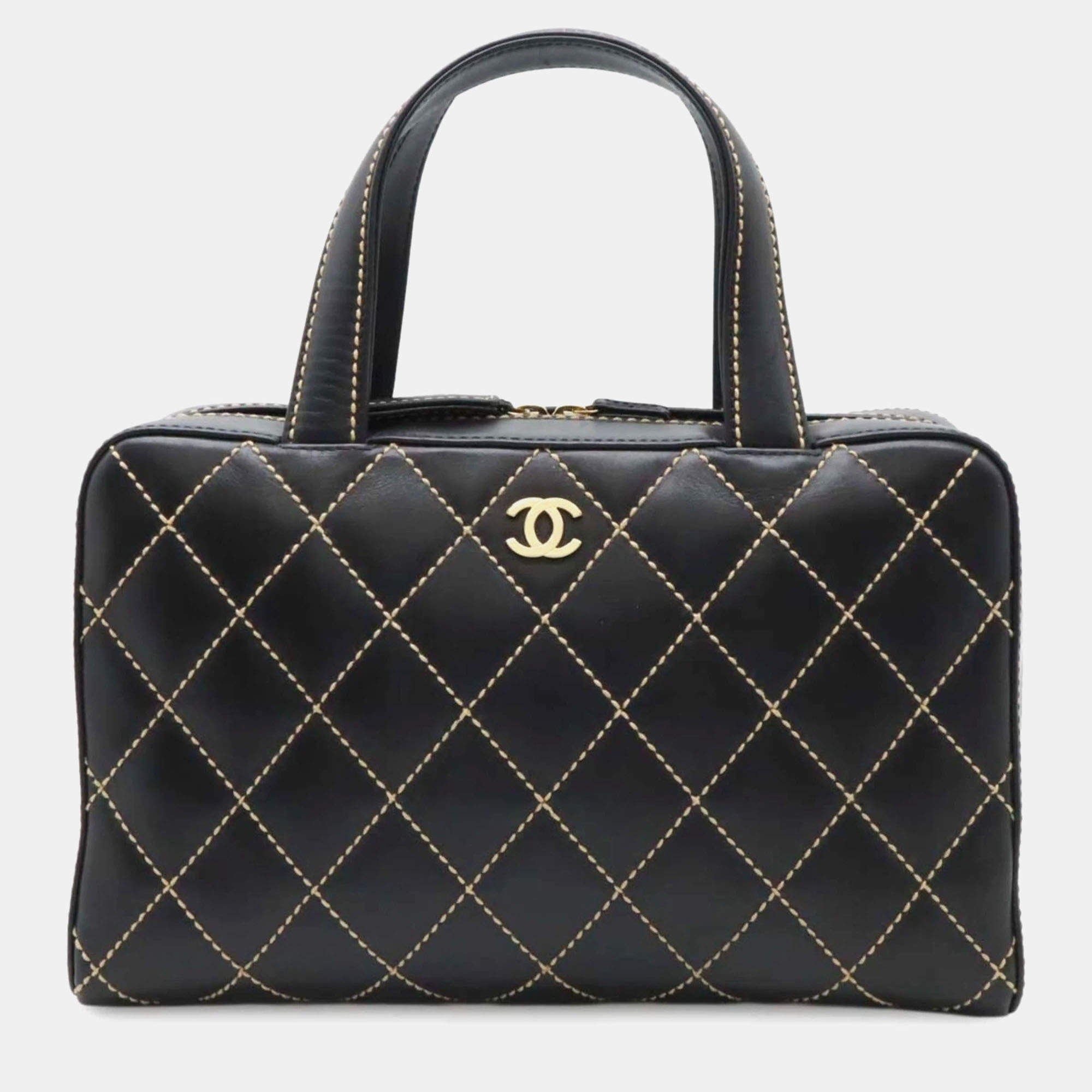 Pre Owned Chanel Wild Stitch Coco Mark Black Leather Handbag