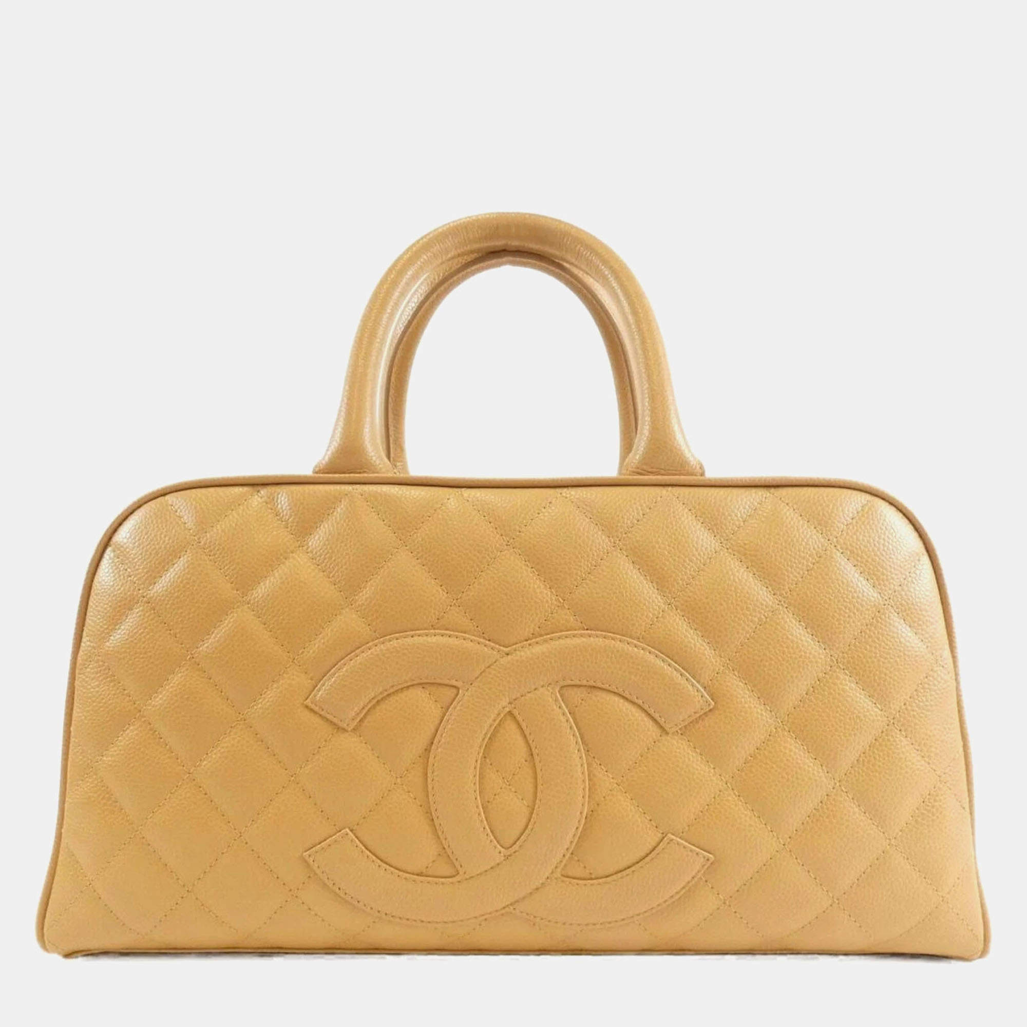 Pre Owned Chanel CC Beige Grained Leather Boston Bag
