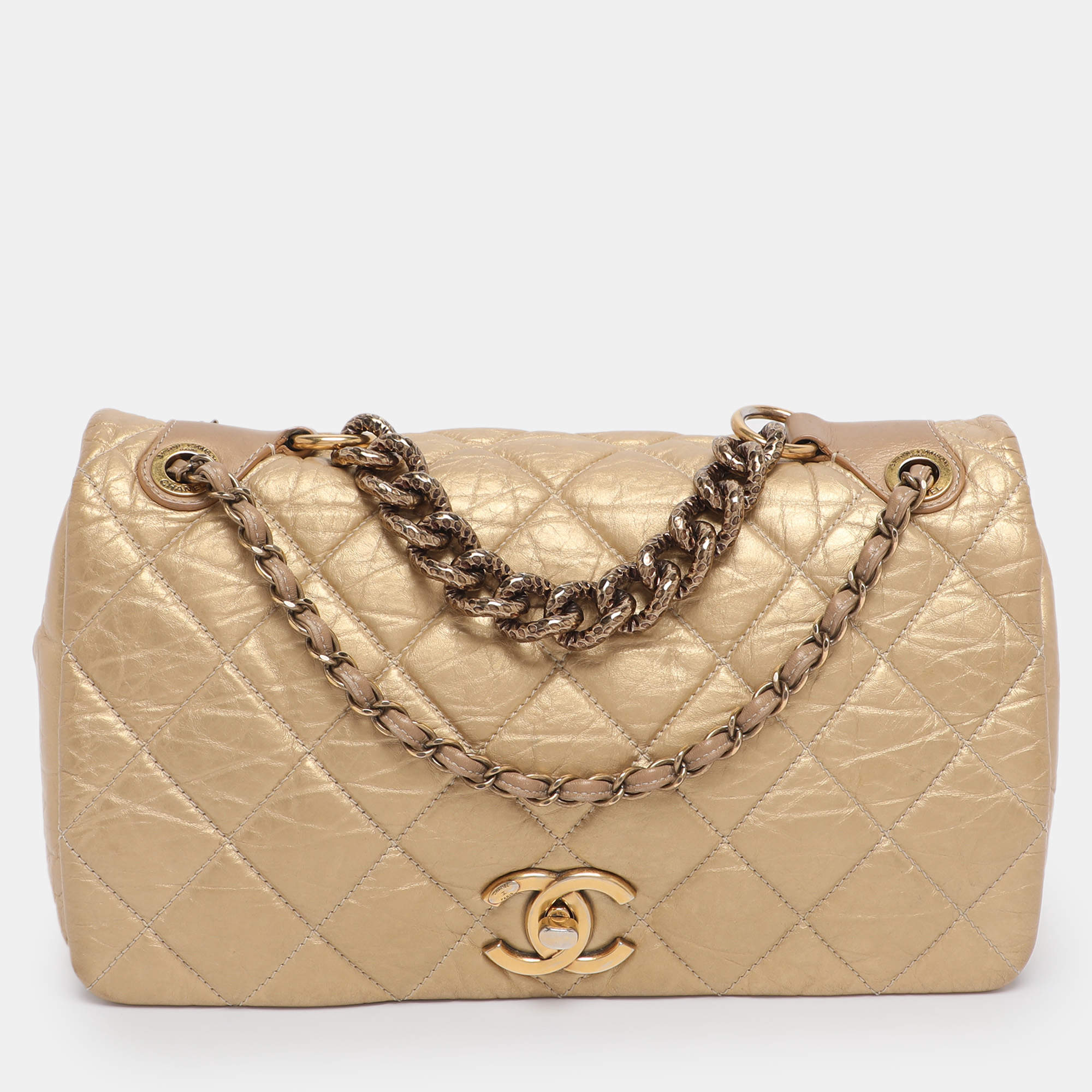 Pre Owned Chanel Gold Quilted Aged Calf Leather Paris-Bombay Pondichery Flap bag