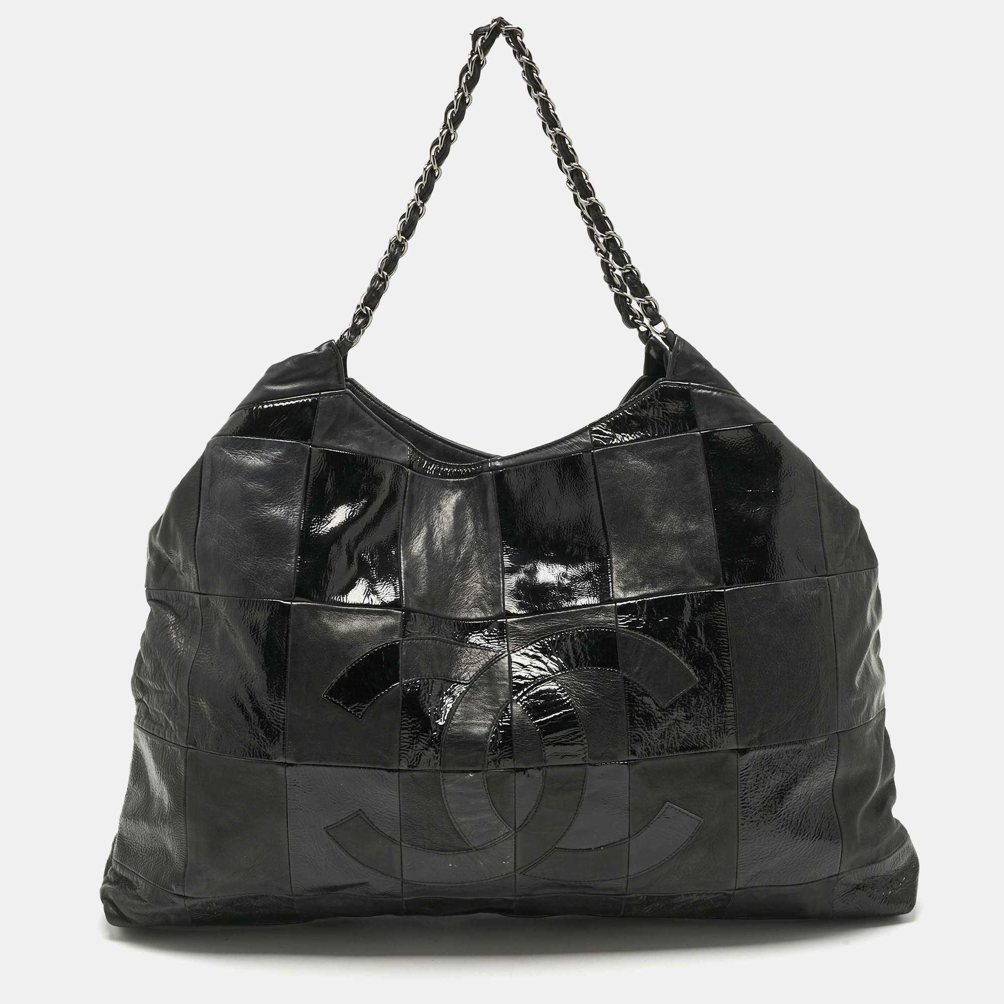 Pre Owned Chanel Black Leather and Patent Leather Large Patchwork Brooklyn Cabas Tote
