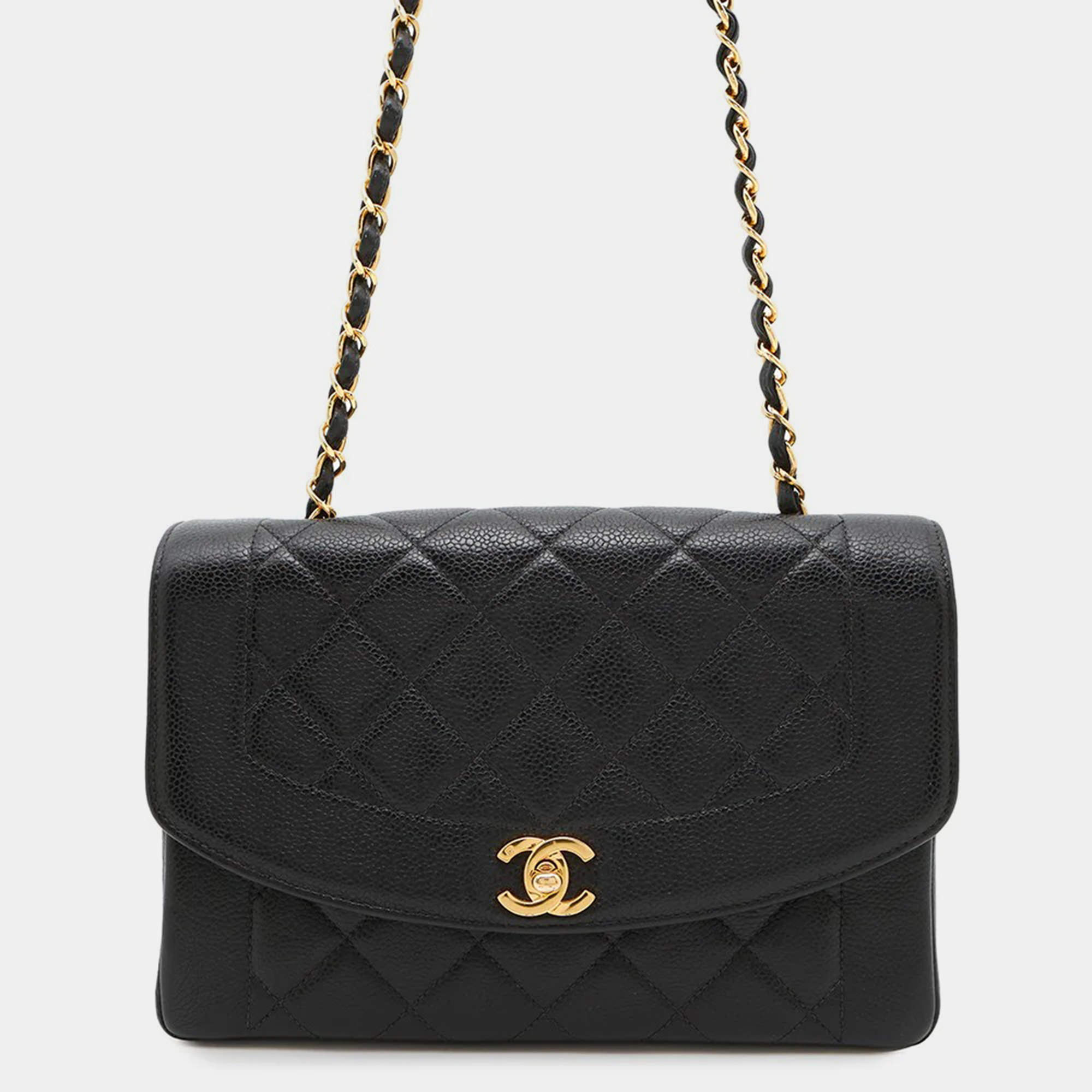 Pre Owned Chanel Diana Black Caviar Leather 25 Chain Shoulder Bag