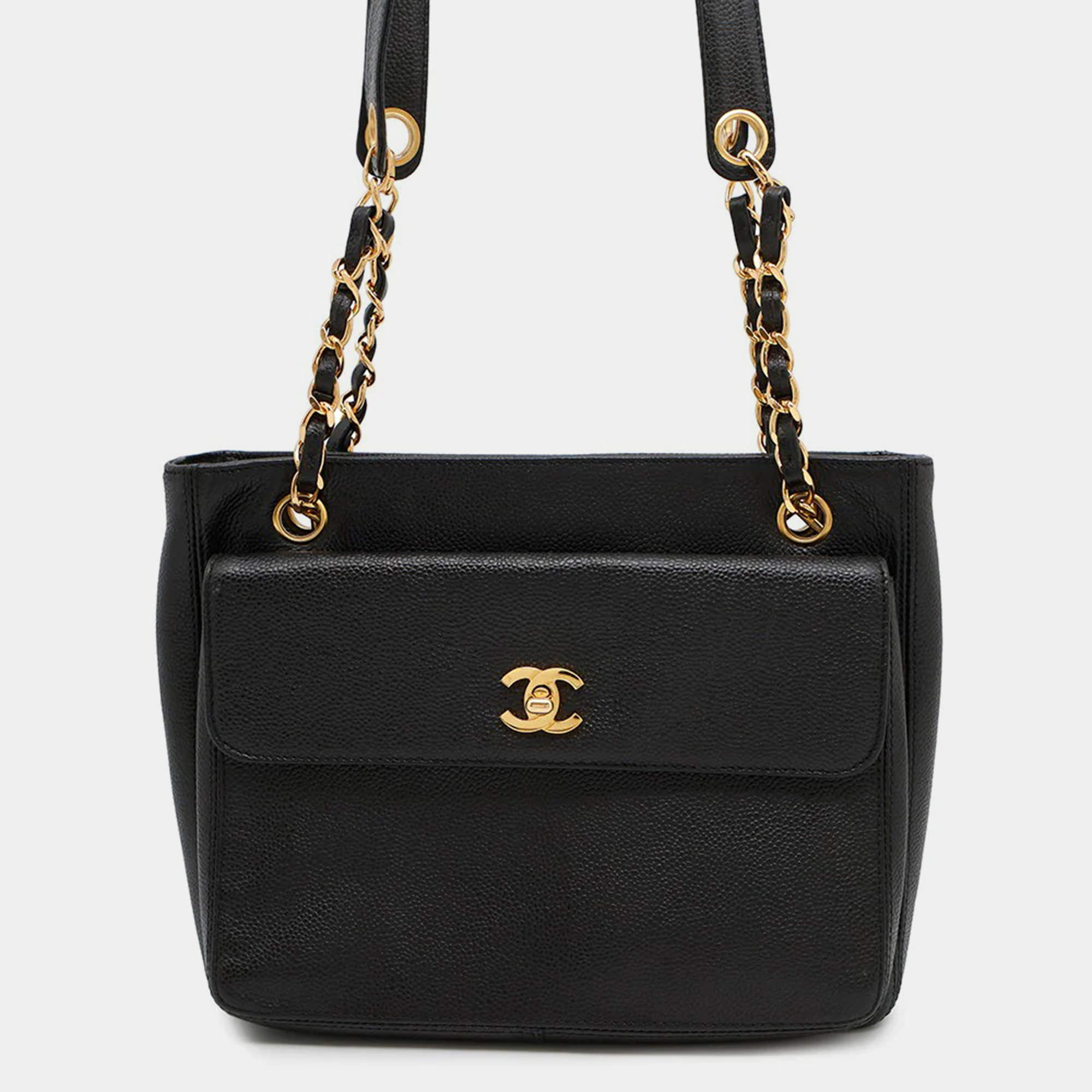 Pre Owned Chanel CC Logo Black Caviar Leather Chain Tote Bag