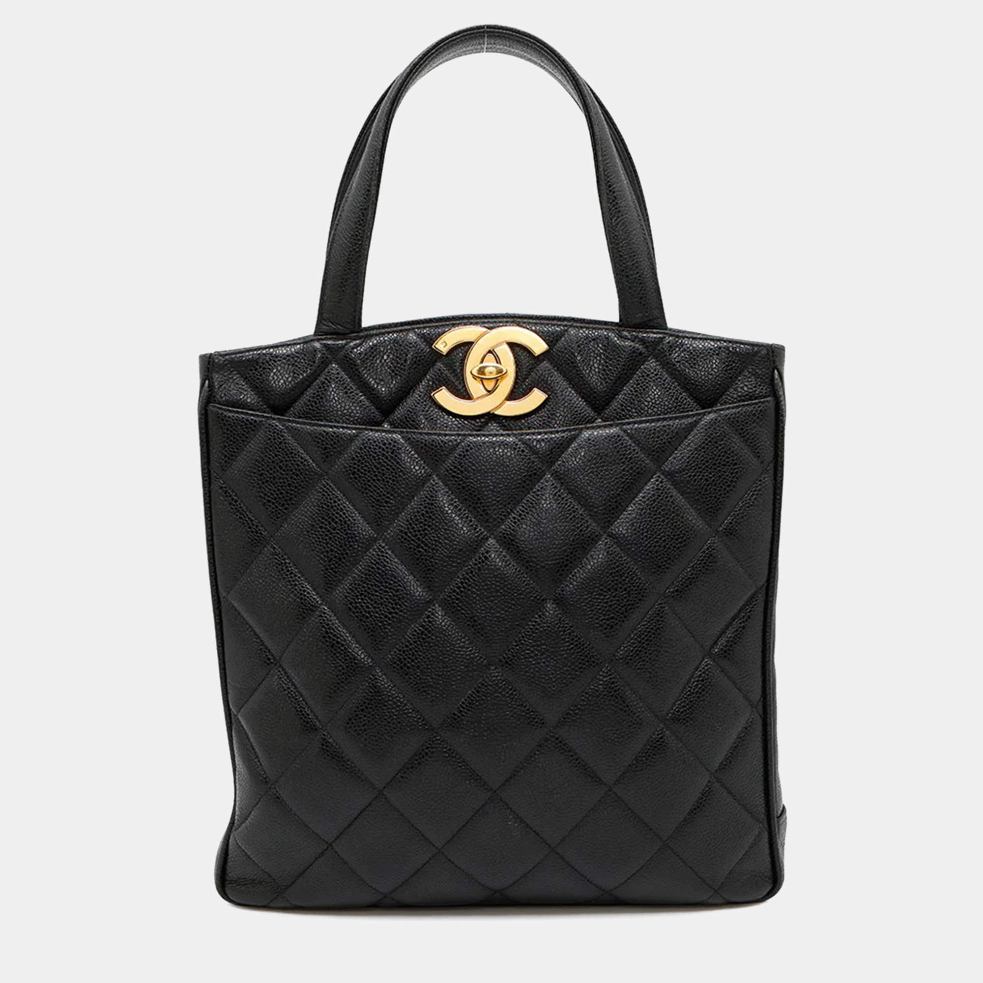 Pre Owned Chanel Deca Coco Black Caviar Leather Tote Bag