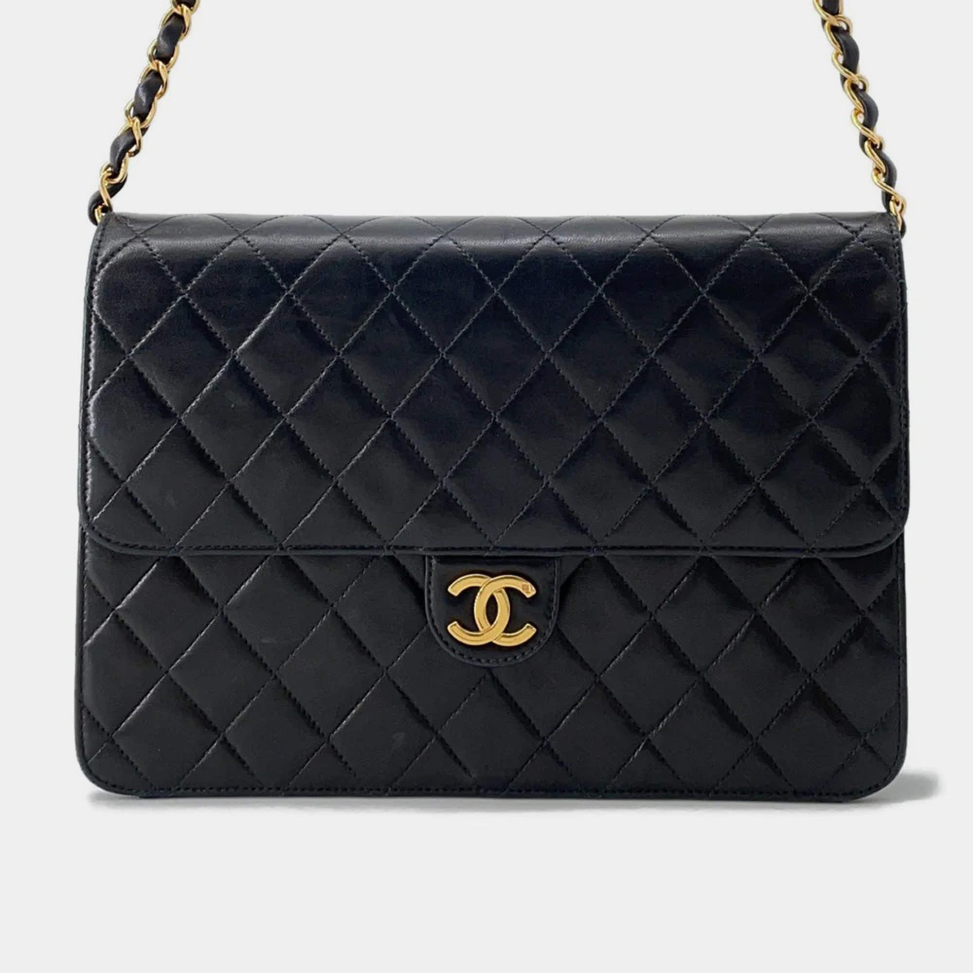 Pre Owned Chanel Pushlock Black Lambskin Chain Shoulder Bag