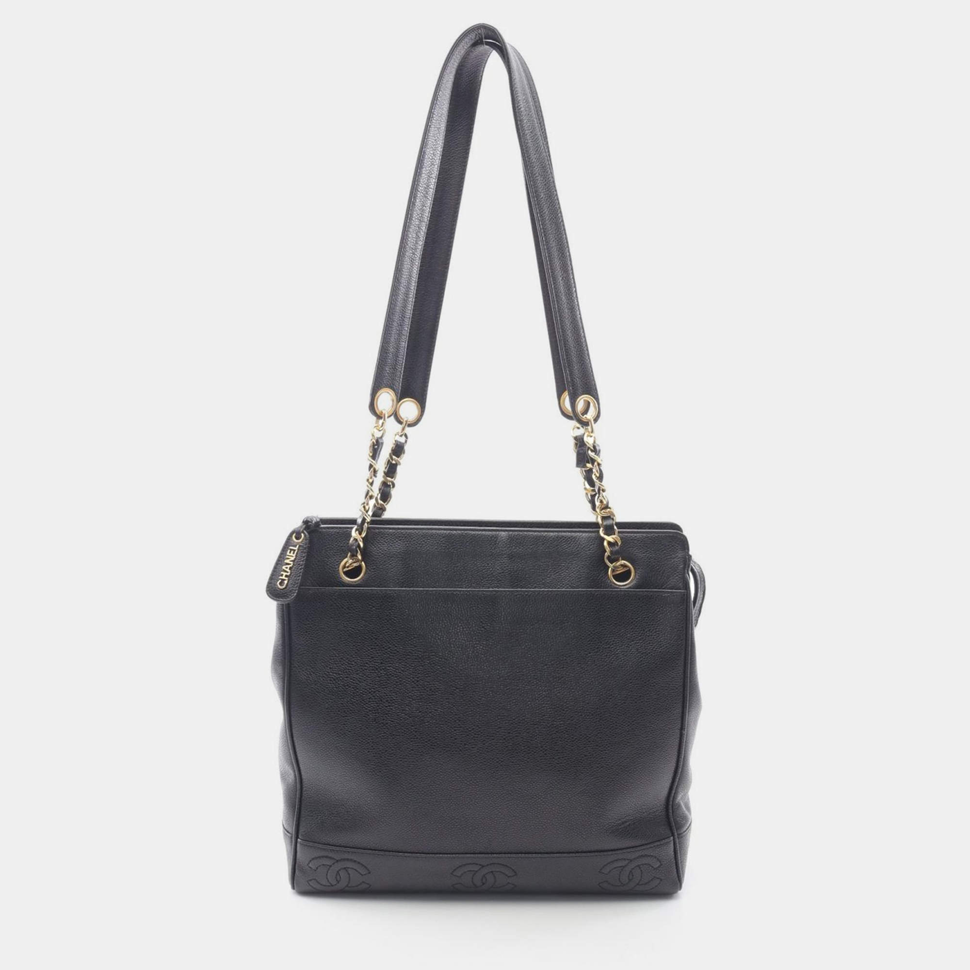 Pre Owned Chanel Triple Coco Shoulder Tote Bag Calfskin Black Ghw Cc