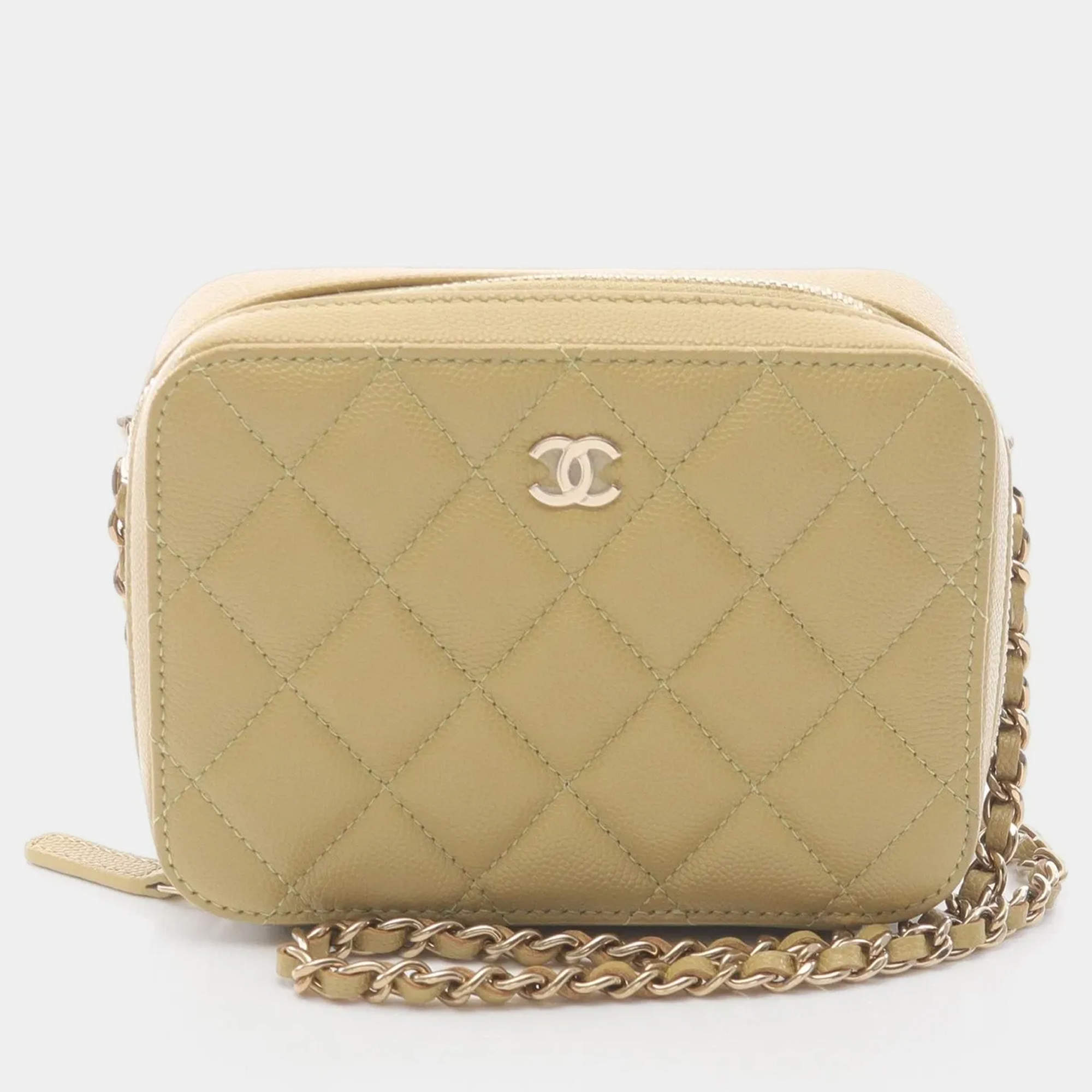 Pre Owned Chanel Pearl Crush Mini Beige Leather Crossbody Bag