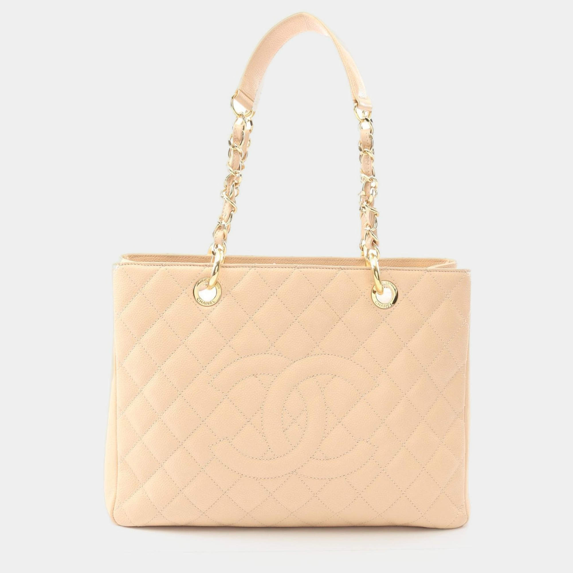 Pre Owned Chanel Matelasse Grand Shopping Gst Chain Tote Bag A50995 Leather Beige Ghw