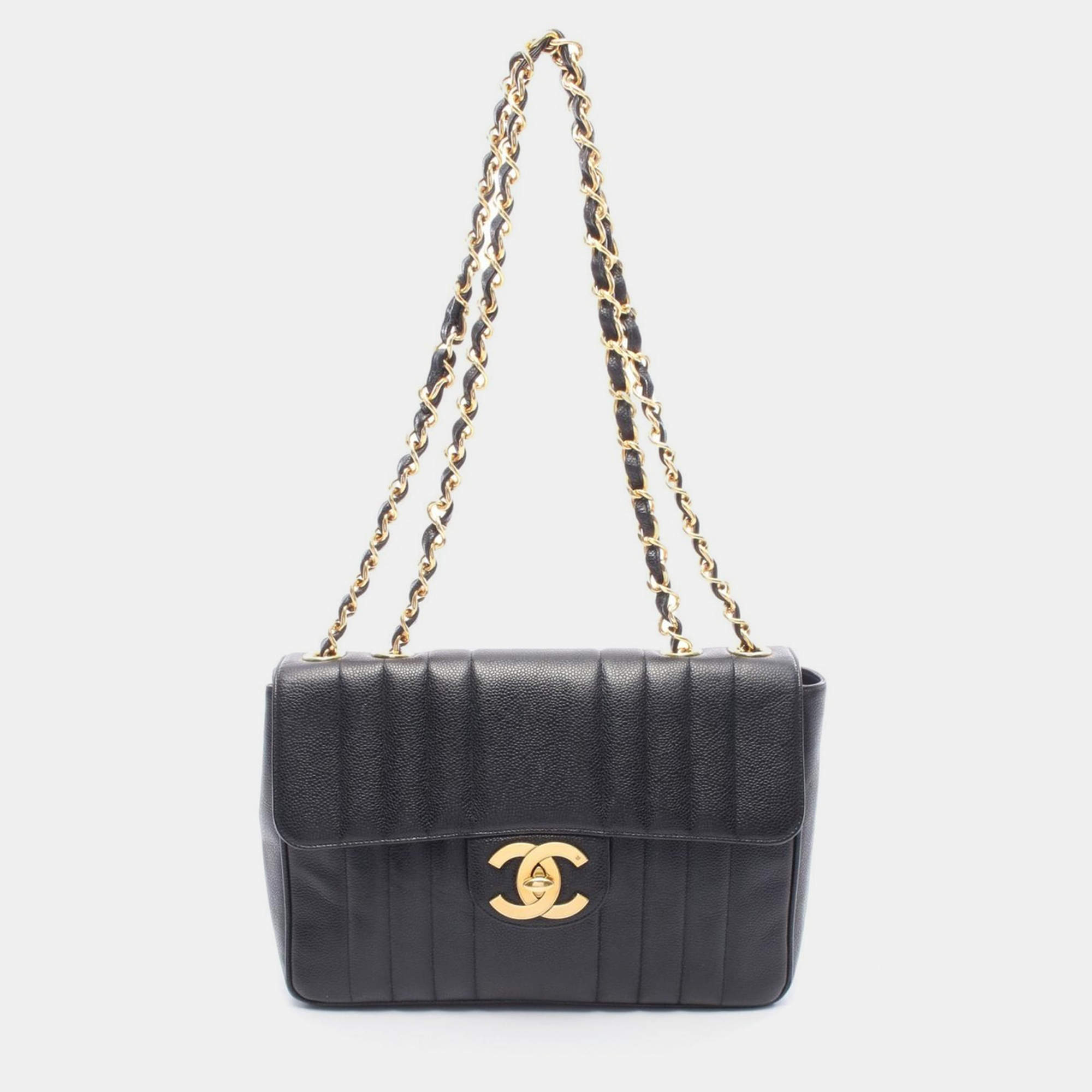 Pre Owned Chanel Mademoiselle Jumbo CC Calfskin Black Chain Shoulder Bag 
