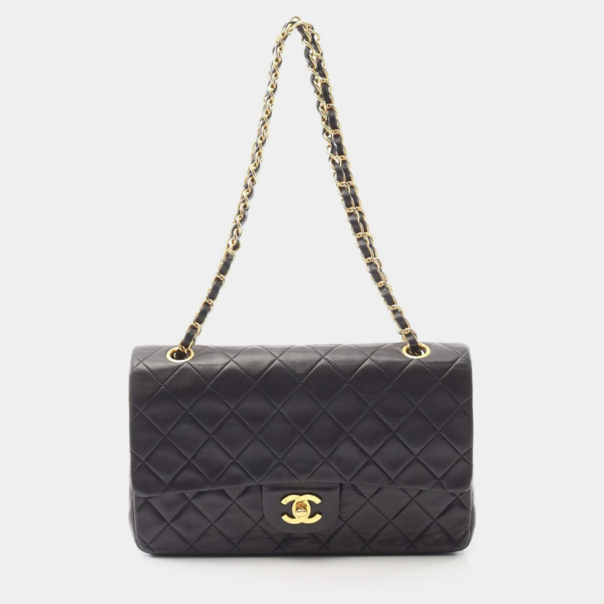 Pre Owned Chanel Matelasse Double Flap Shoulder Bag Lambskin Black Ghw