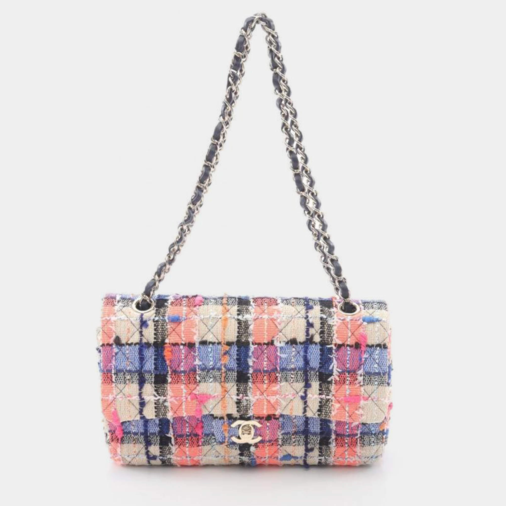 Pre Owned Chanel Matelasse Double Flap Chain Shoulder Bag Fabric Leather Beige Multi Ghw