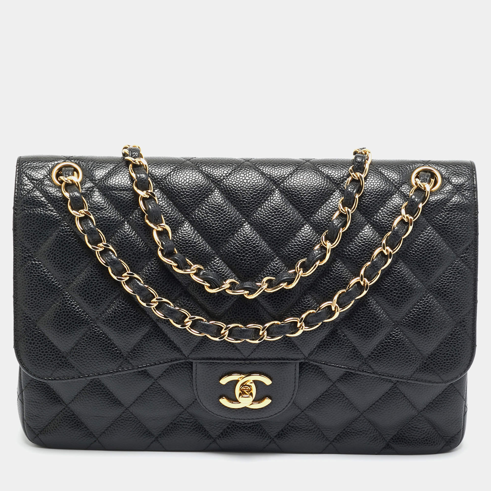 Pre Owned Chanel Black Quilted Caviar Leather Jumbo Classic Double Flap Bag