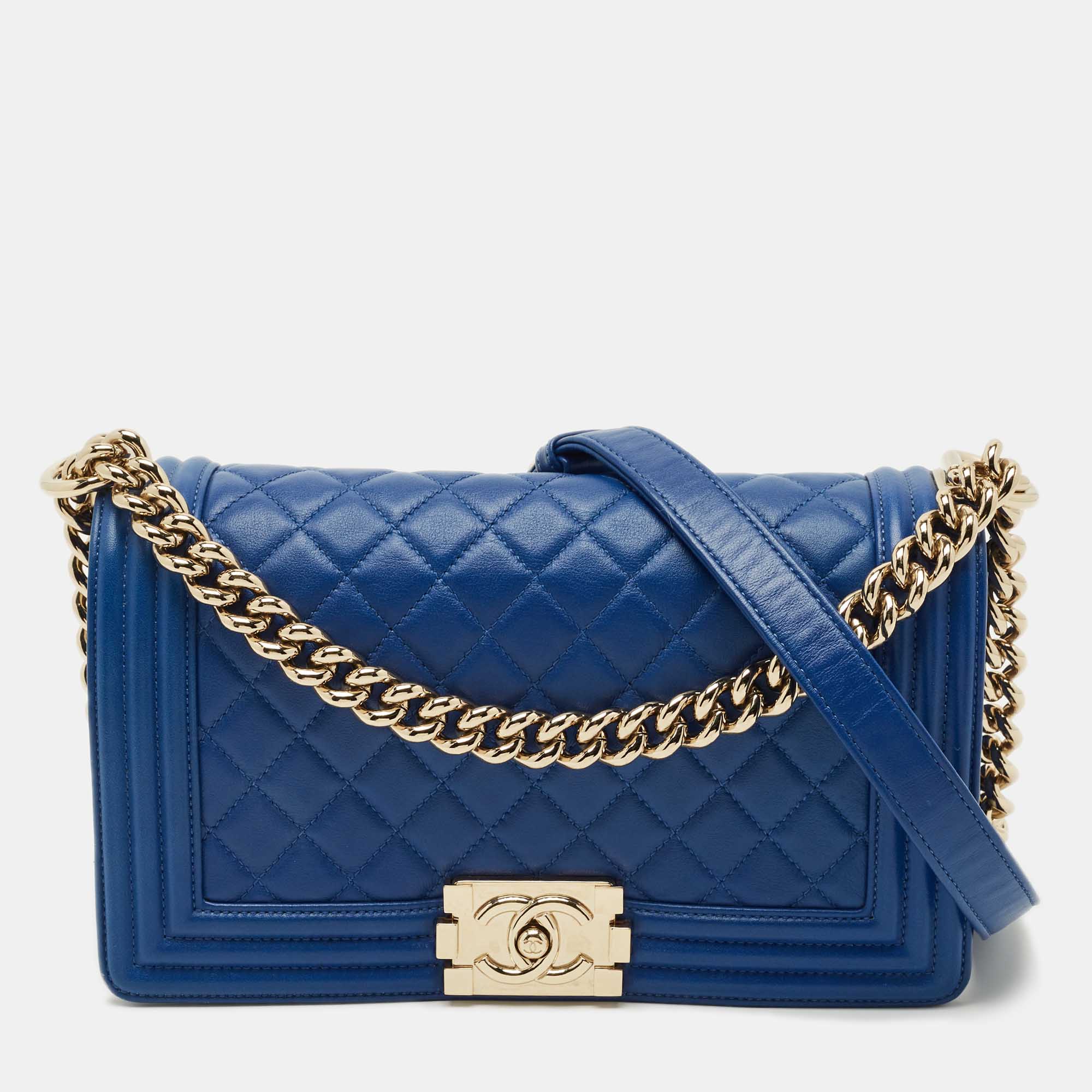 Pre Owned Chanel Navy Blue Quilted Leather Medium Classic Boy Flap Bag